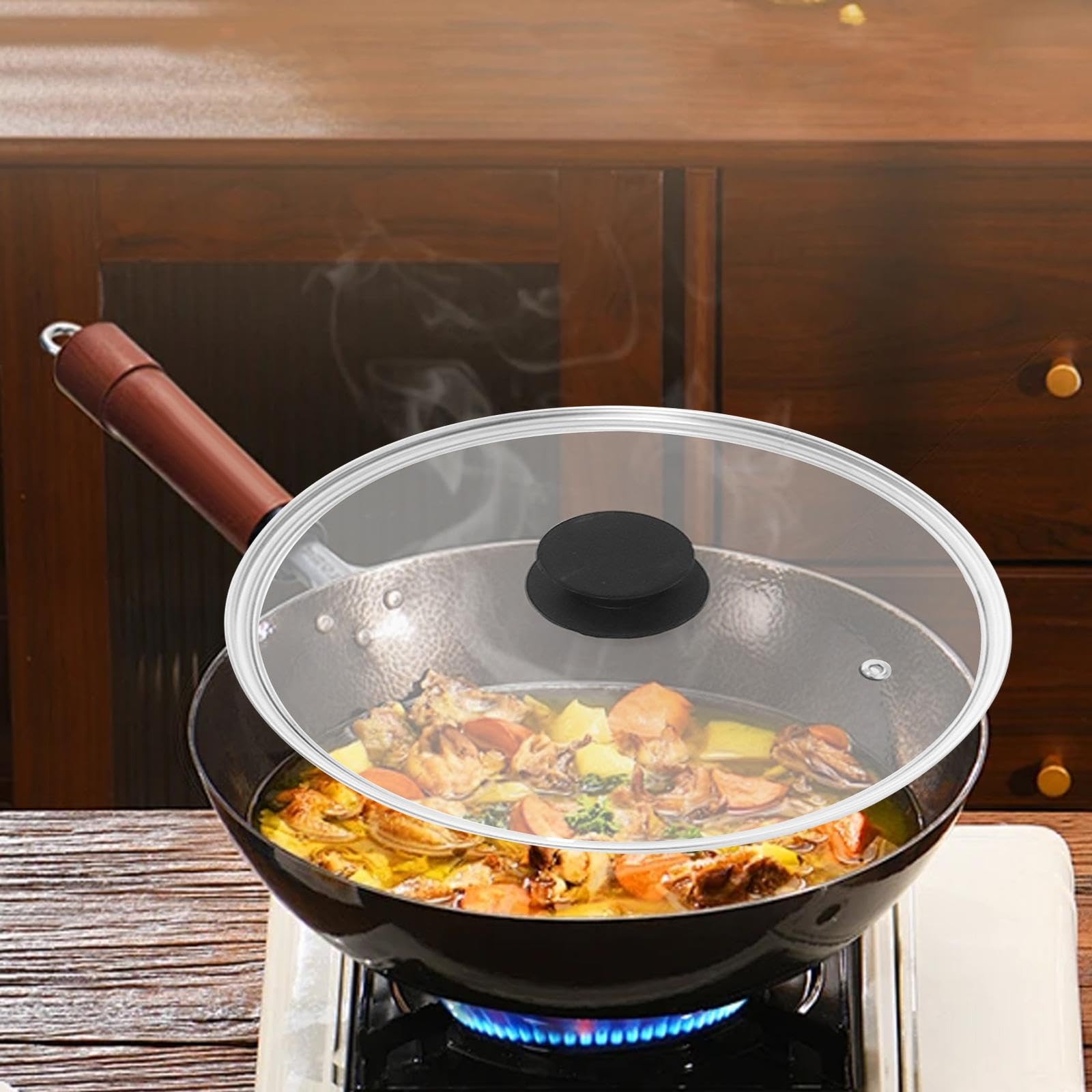 Sharplace Tapa de sartén de 36,7 cm con Borde de Acero Inoxidable, Tapa Universal para ollas, de Repuesto para Wok, Mango Negro