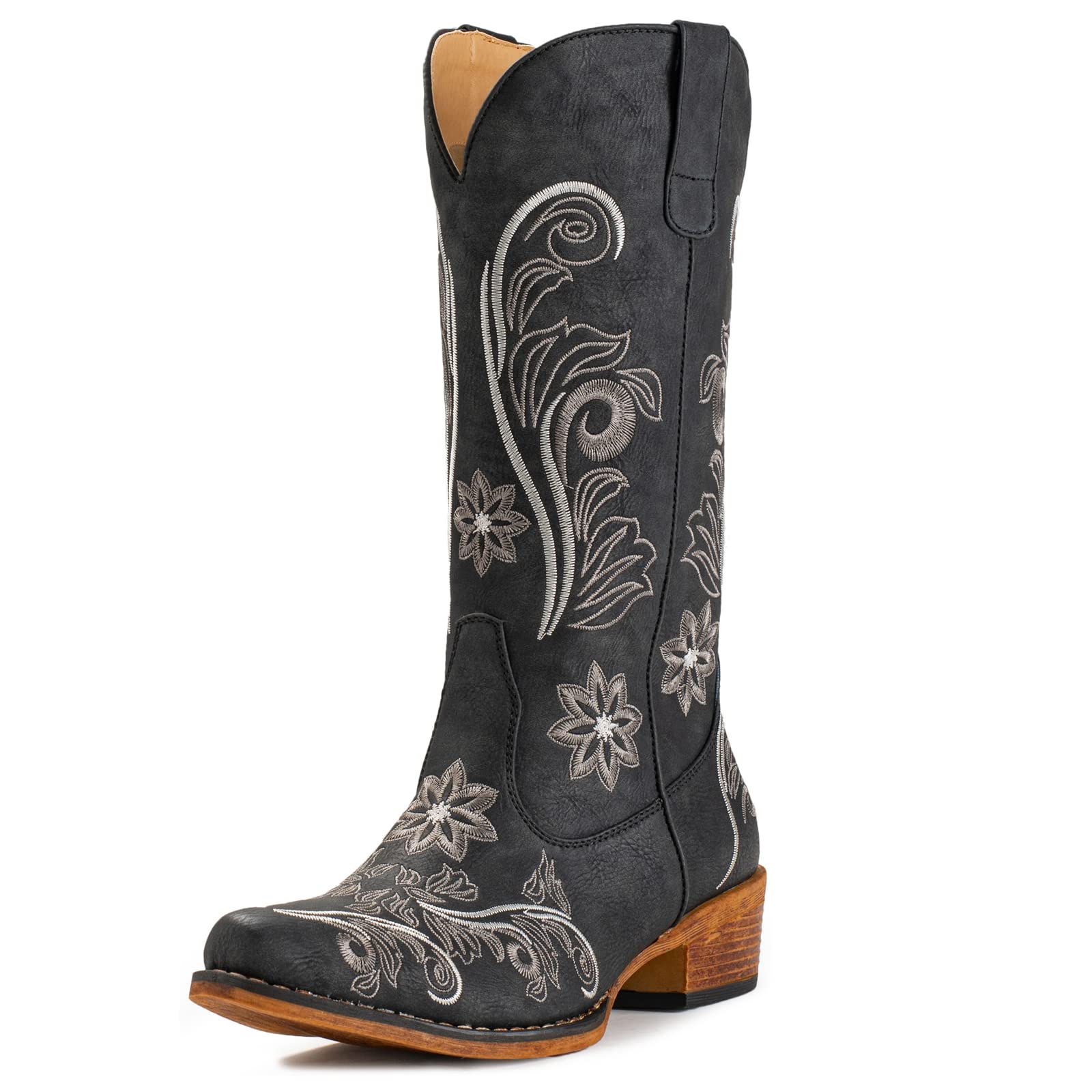 IUV Cowboy Boots For Women Mid Calf Cowgirl Boots Embroidered Pull-On Tabs Snip Toe Boot