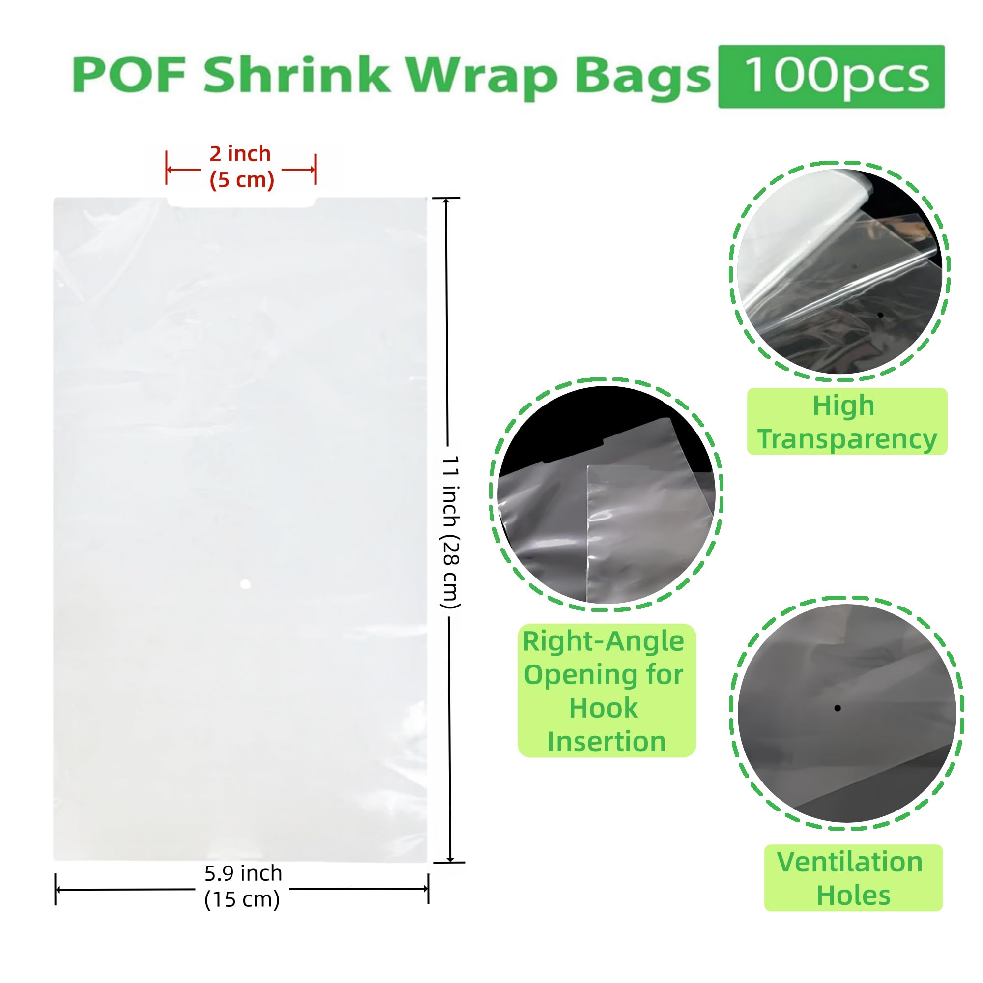 100 Sacs Thermorétractables Transparents avec Trou pour Crochet Sacs Thermorétractables POF pour l'emballage d'accessoires Électroniques et de Cosmétiques (15x28cm (5.9x11 inch))