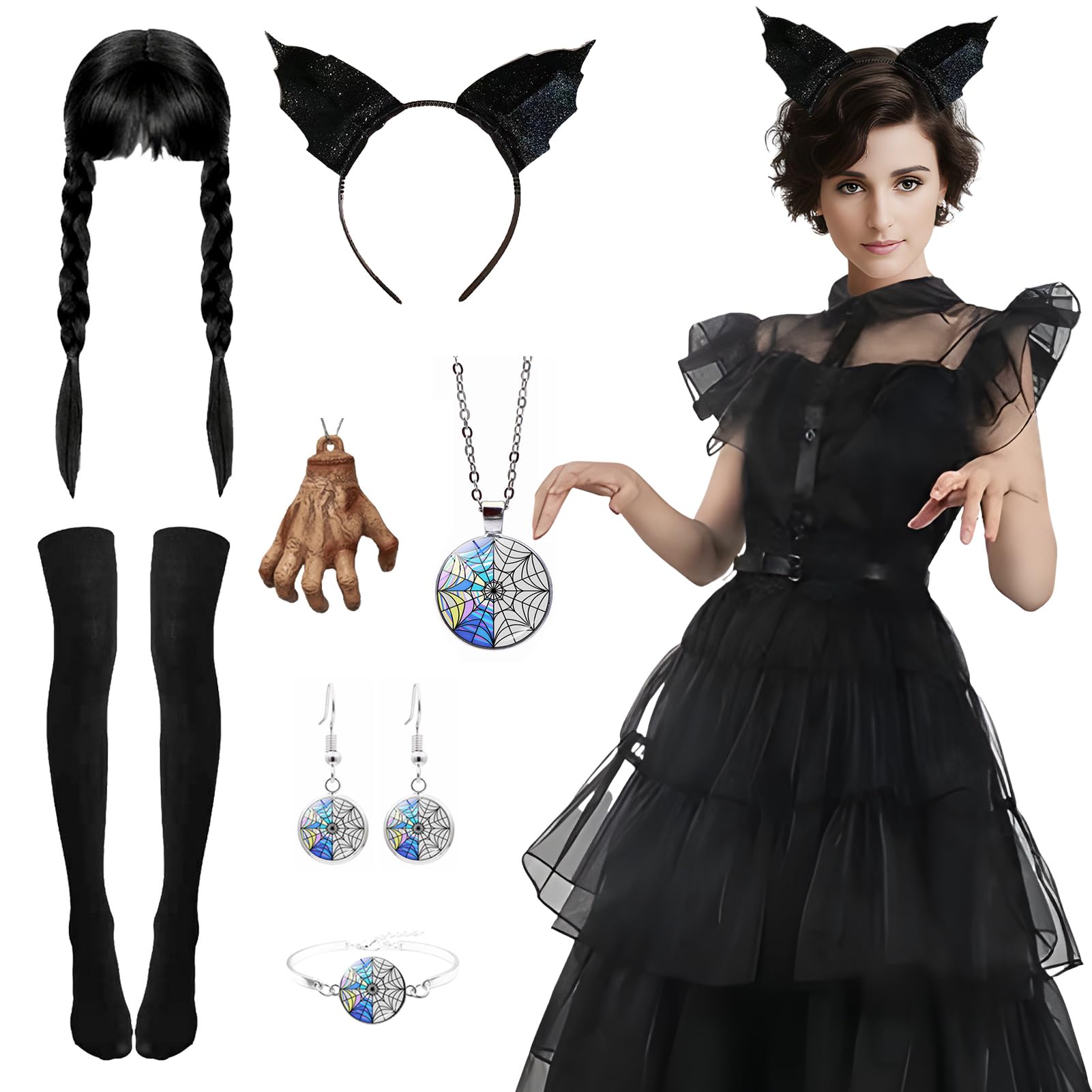 Alaiyaky Princess Girls Gothic Dress - Wednesday Costume with Wig, Headband, Necklace, Belt, Socks, Earrings, Bracelet, Pendant - Black, Size Adult B, XL
