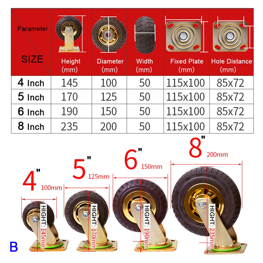 Robuste 100mm Caoutchouc roulettes pivotantes Durable Roulement Fluide Métal Châssis Idéal pour Meubles Chariots et Équipement Finition