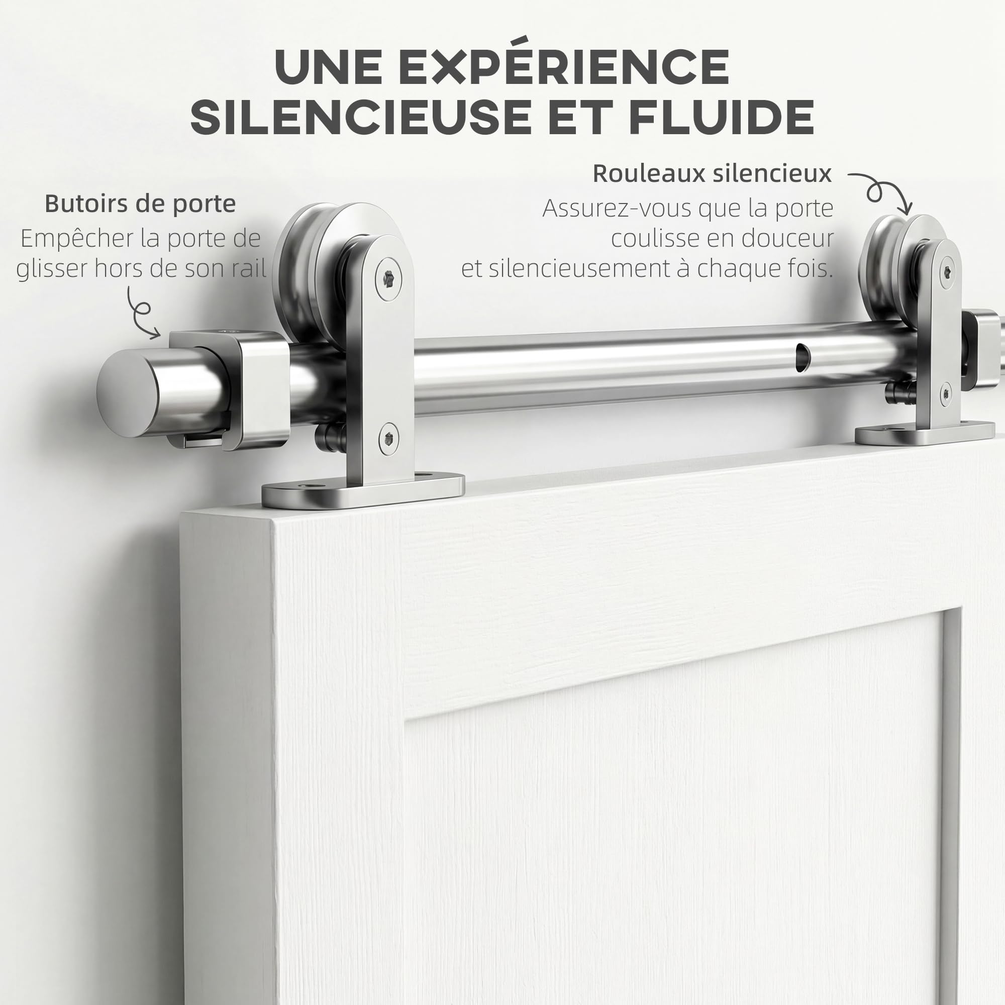 HOMCOM 152cm Quincaillerie Porte Coulissante de Grange, Rail Porte Coulissante de 76 cm de Large, Épaisseur 30 mm, Charge 80 kg, Robuste en Acier Inoxydable 304, Argenté | Rail Porte Coulissante 76 cm de Large, Épaisseur 30 mm, Charge 80 kg, Acier Inoxyda