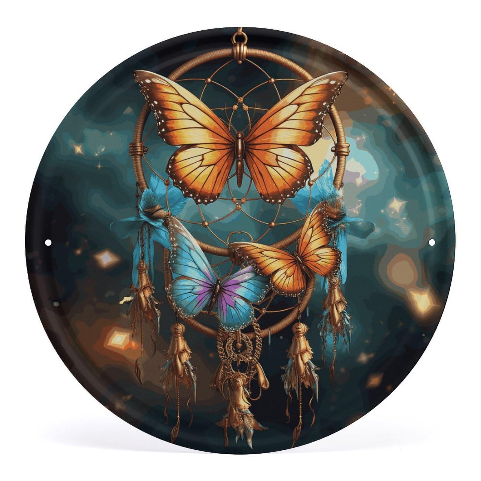 Fodpand Style Dream Catcher Butterfly Round Wall Art Hanging Decorations, Wall Decor Modern Minimalist Artwork, Tin Sign Hanging Picture For Living Room, Bedroom, Office, Hallway, 11.8X11.8 Inch
