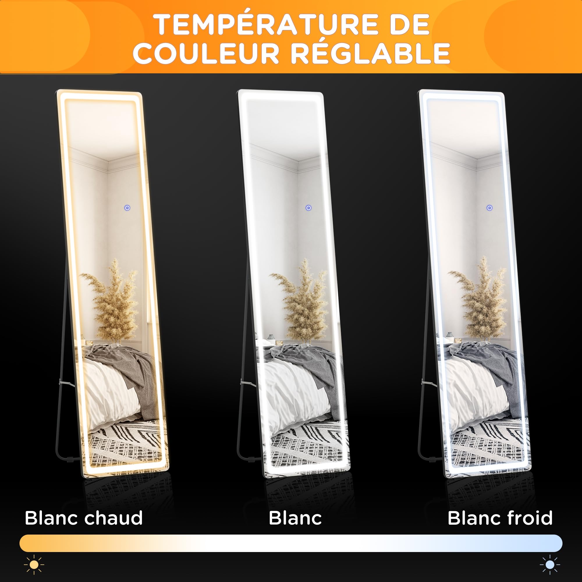 HOMCOM Miroir sur Pied Rectangulaire Lumière LED 40 x 37 x 157,5H cm