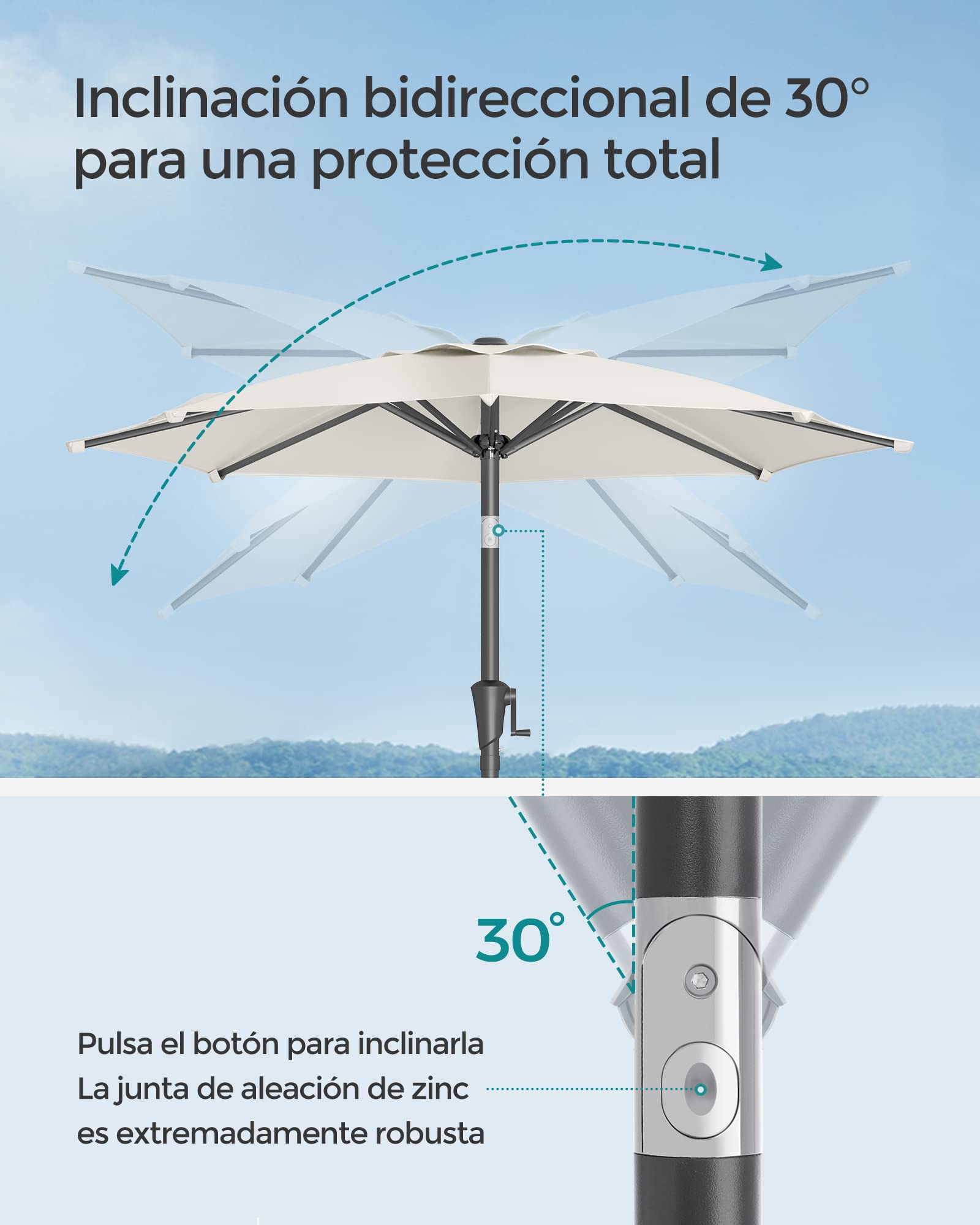 SONGMICS Sombrilla de Jardín 210 cm, UPF 50+, Parasol, 30°de Inclinación en dos Direcciones, con Manivela, para Patio, Terraza, Balcón, Piscina, sin Base, Beige GPU202M01