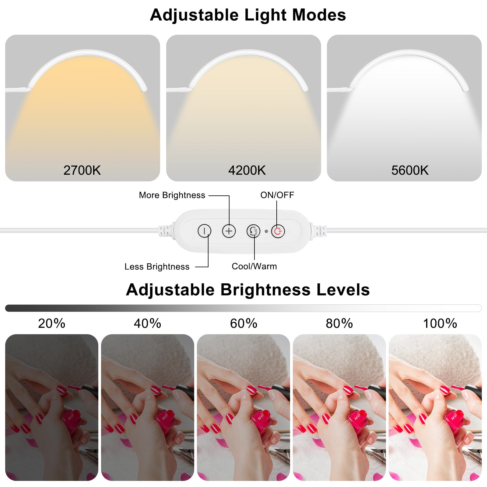 Lampada da scrivania professionale a LED a mezza luna per nail tech e artisti, lampada flessibile a collo di cigno con morsetto, 3 modalità di colore e 5 livelli di luminosità per manicure