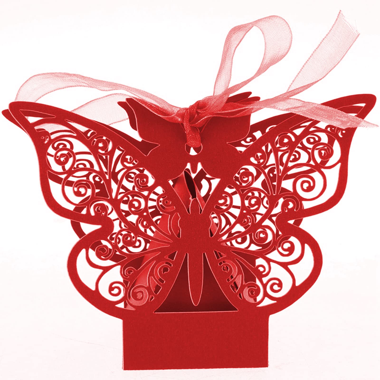 Auto-plaza 50 Pieces Butterfly Laser Cut Favor Boxes DIY Wedding Birthday Gift Candy Boxes with Ribbons (Red)