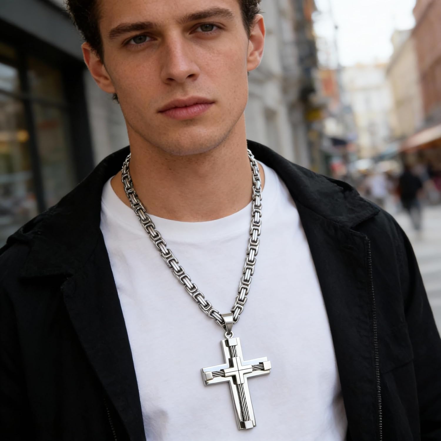 Silver 316L Stainless Steel Cross Necklace For Men, Byzantine Chain Necklace with Chunky Cross Pendant, Crucifix Catholic Christian Jewelry for Men - Image 4