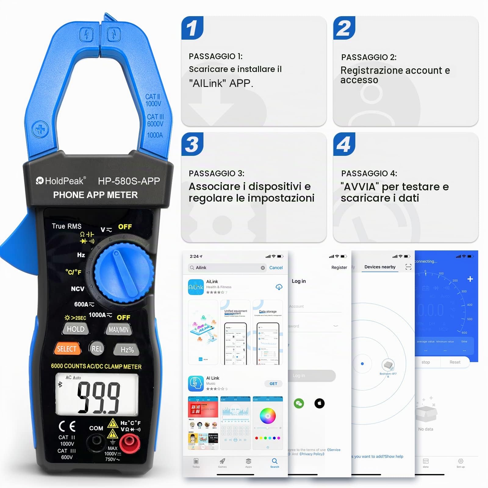 HoldPeak Pinza Amperometrica Professionale True-RMS con APP Connect, 6000 Conta Multimetro HP-580S-APP Auto Ranging, NCV 1000A AC/DC Volt ohm Resistenza Capacità Continuità Temperatura Diodo