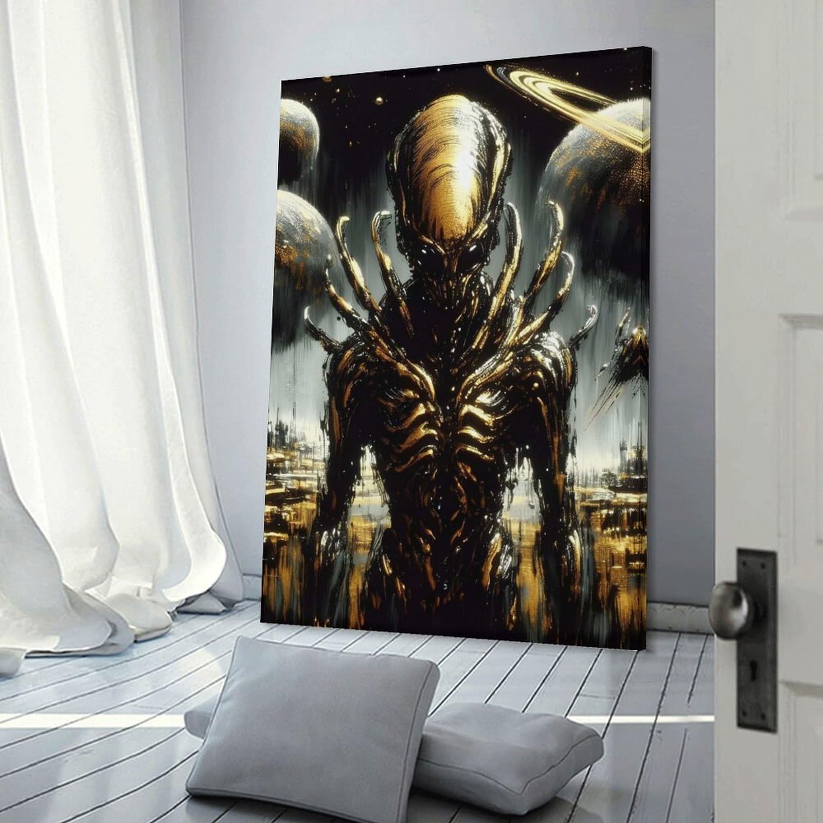 Junmoney Frame-Style-9 Hanging Wall Art Golden Alien In Space, 24X36inch(60X90cm), For Gallery Wall Layouts In Home Or Office, An Easy Match For Collected Prints