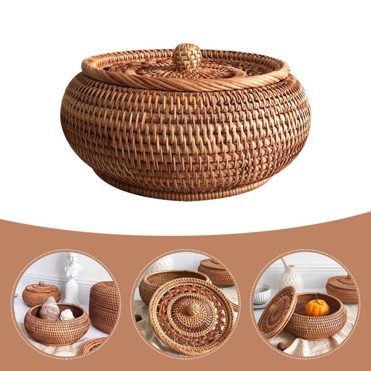 Cestino Portaoggetti Robusto e Funzionale in Rattan Intrecciato Coperchio per Dolci e Snack, per Studio o Regalo di Inaugurazione Casa
