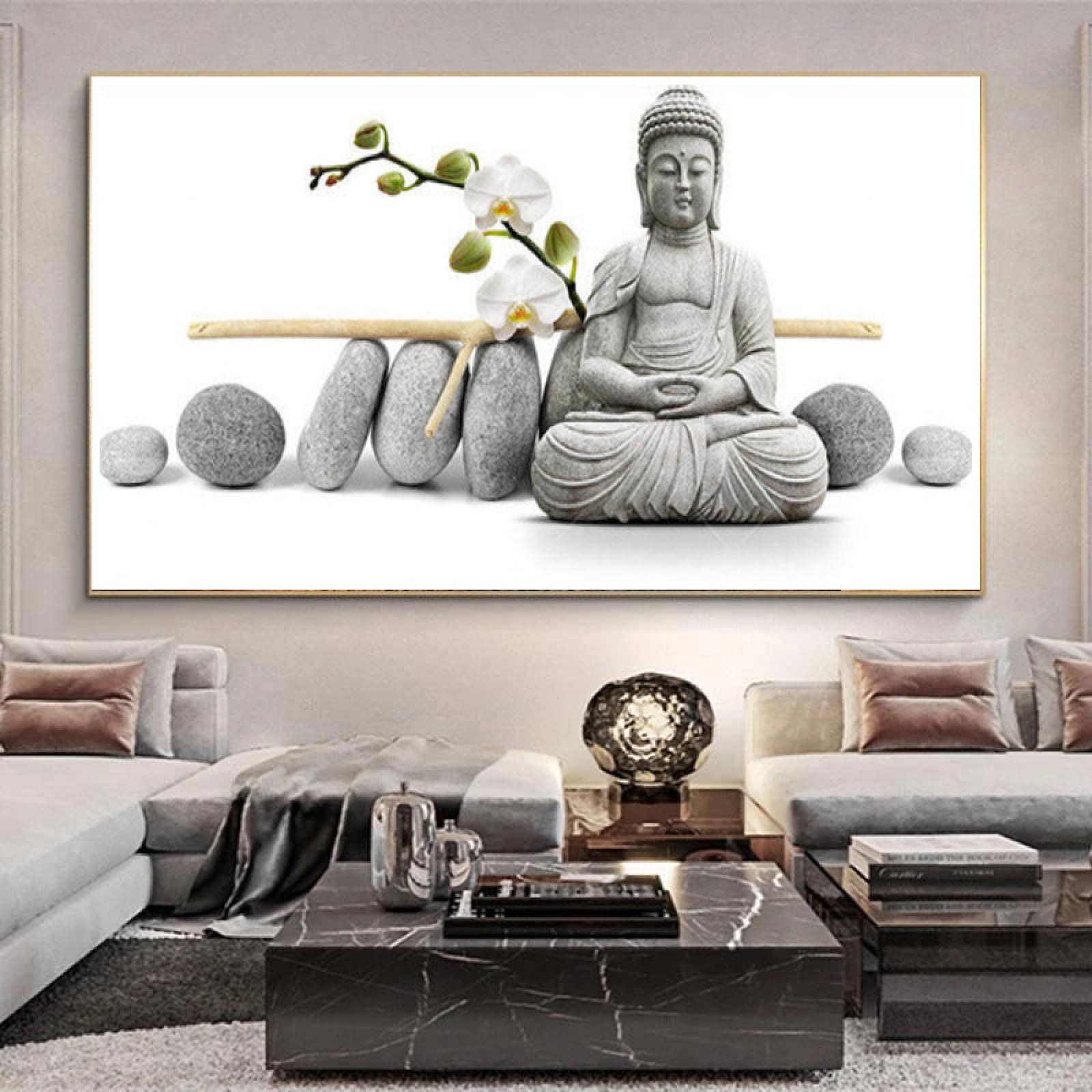 Meditar Buda blanco y pocas piedras Estatua tallada Pósters e impresiones Budismo Lienzo Pintura Arte de la pared Imágenes Decoración de la habitación 90x180cm (35x71in) con marco