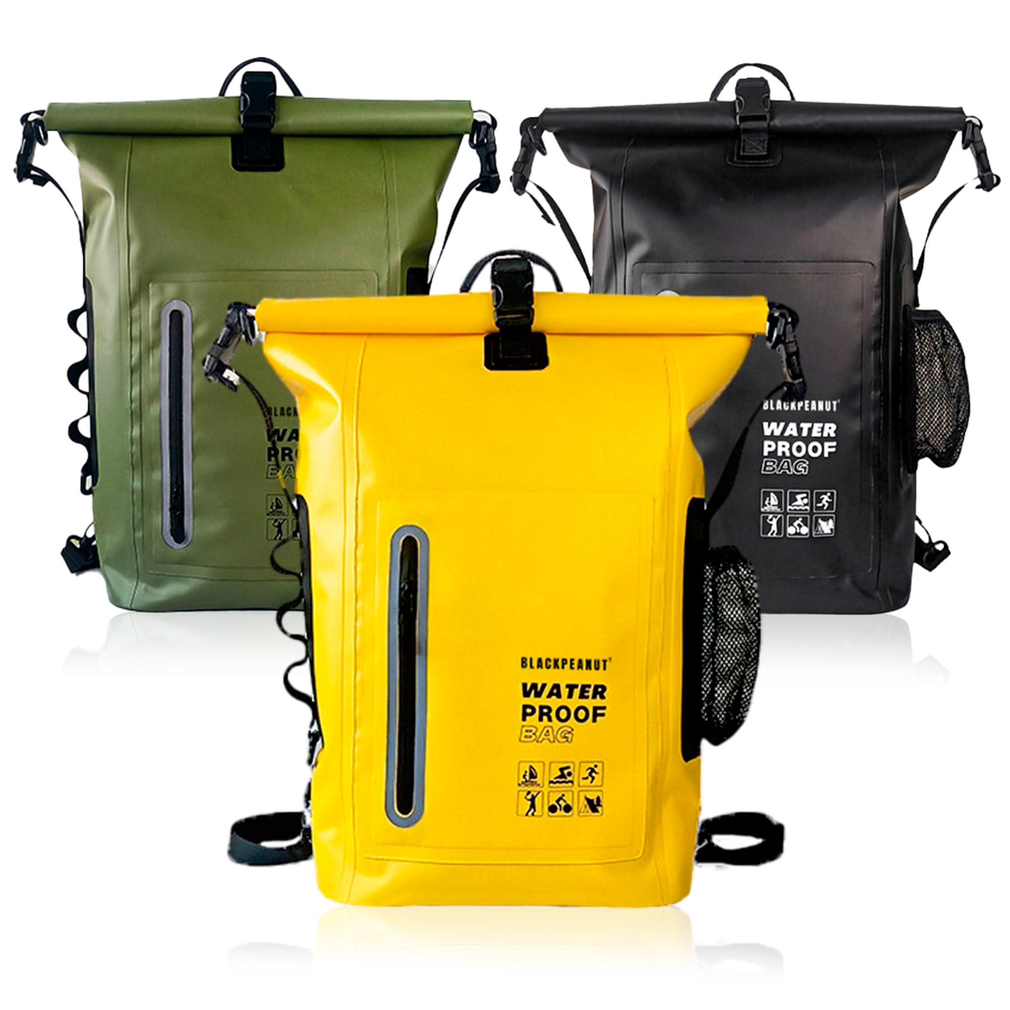 Mochila Estanca 25L Negro Bolsa Seca Impermeable Kayak Playa | Bolsillo exterior para botella, tirantes acolchados, dry bag ligero, pesca, paddle surf, camping y senderismo