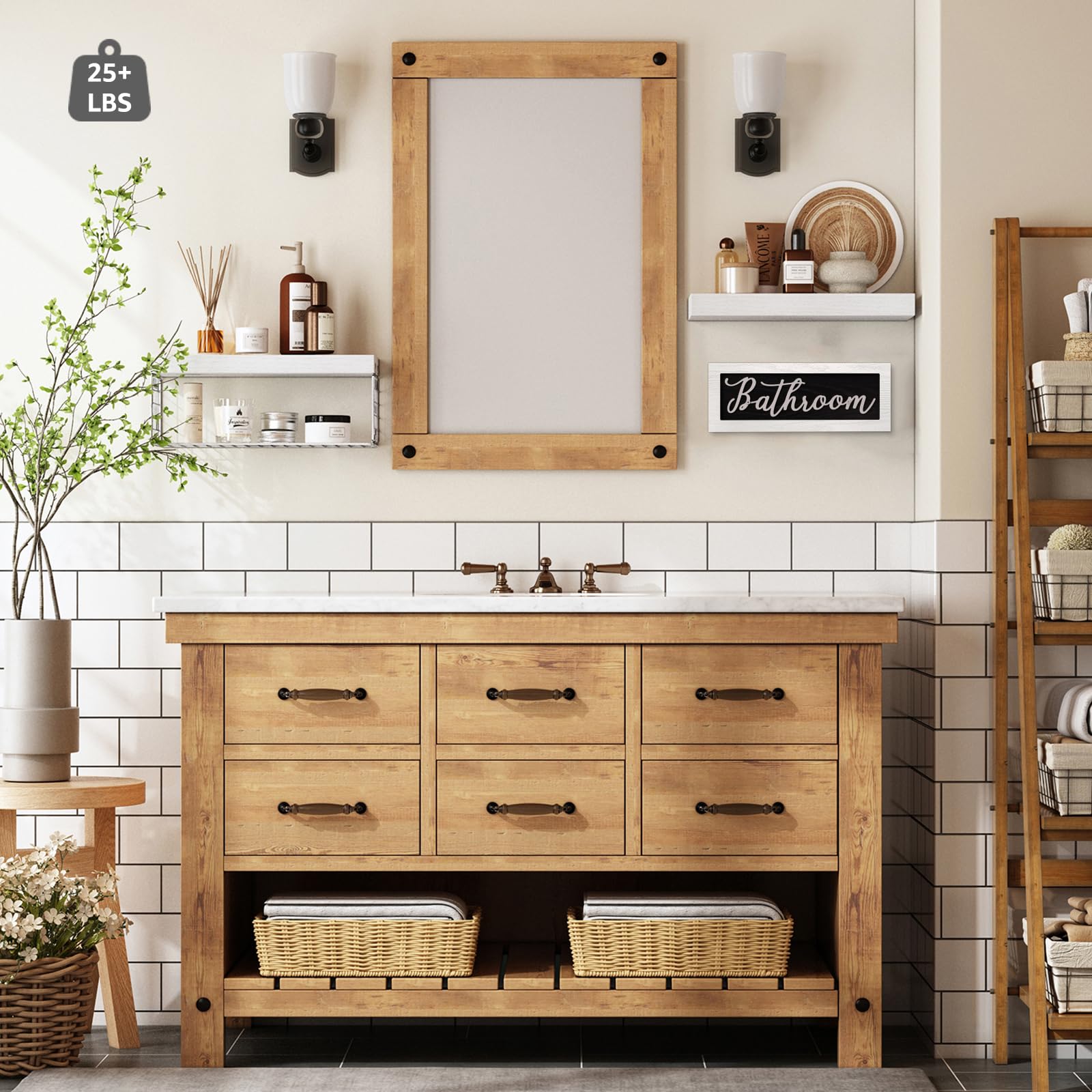 QEEIG Estantes de decoración de baño, juegos de decoración de pared de granja, estantes flotantes sobre el inodoro, soporte de papel higiénico pequeño 2+1, 16 pulgadas, blanco