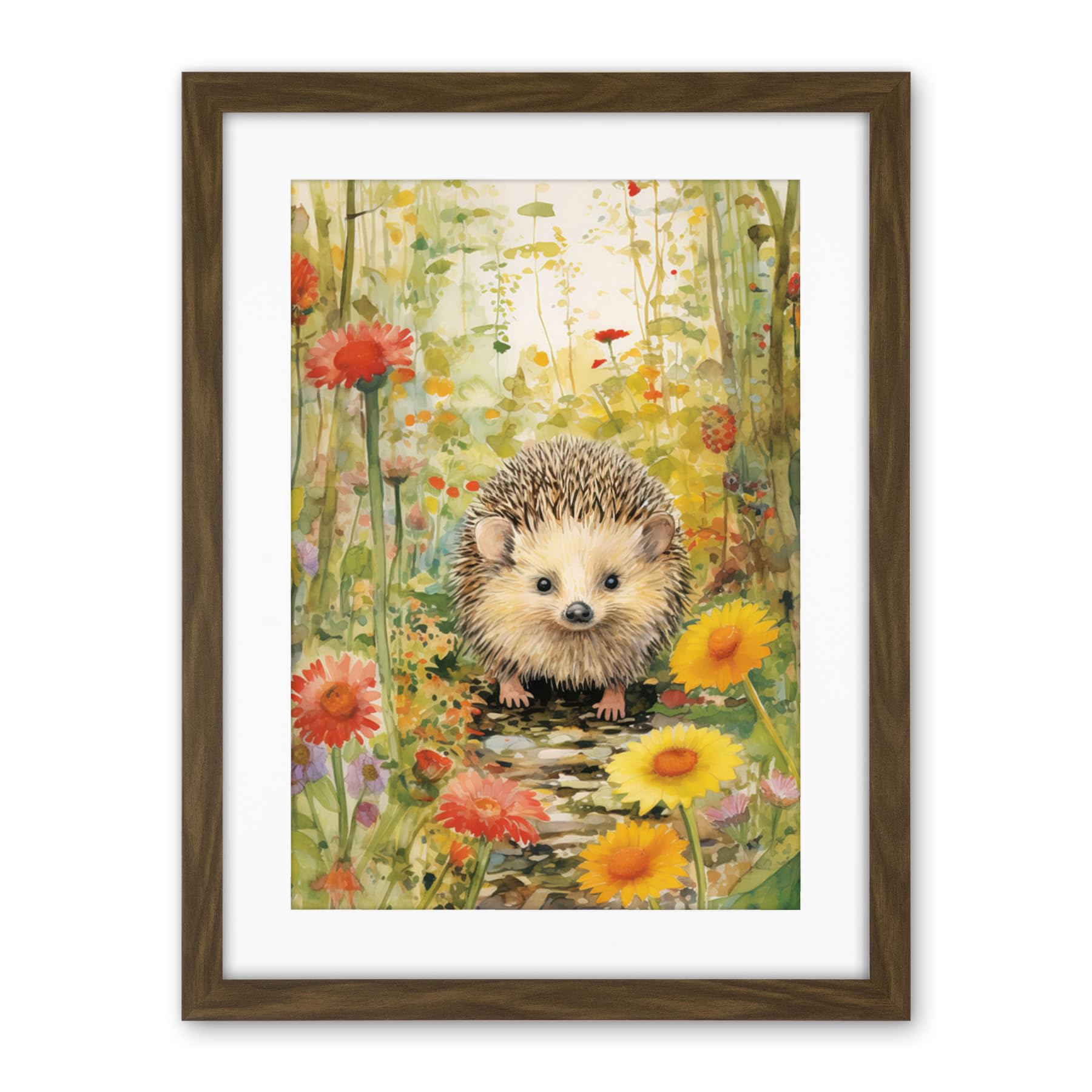 Artery8 Adorable Hedgehog in a Wildflower Meadow Watercolour Painting Kids Bedroom Cute Woodland Creature Artwork Framed Wall Art Print 18X24 Inch