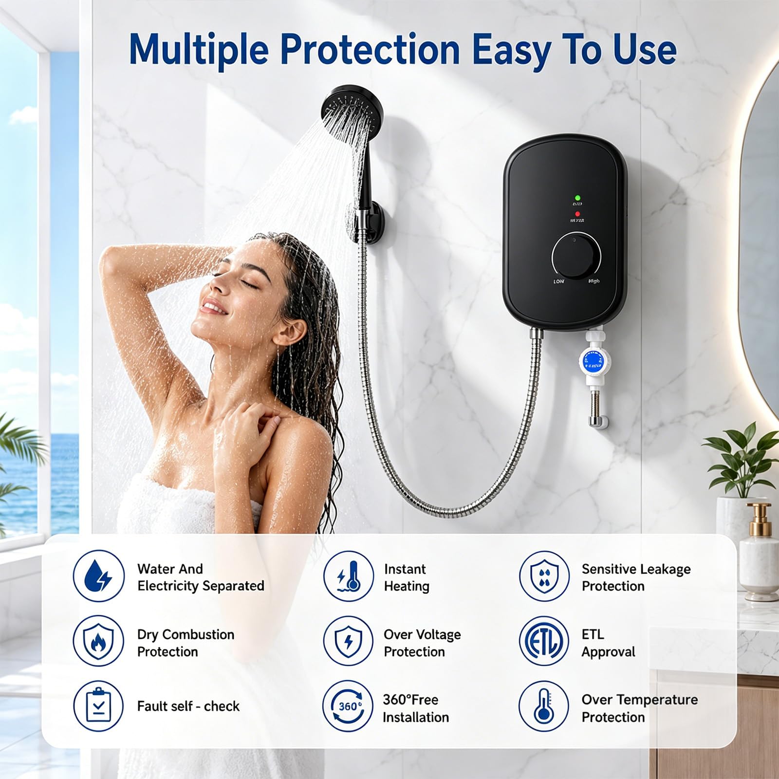 Durchlauferhitzer 5500W 230V, Mini Instant Warmwasserbereiter für Dusche, IPX4 wasserdicht, Elektrischer Untertisch-Wassererhitzer mit LED-Temperaturanzeige 30-52°C für Bad & Küche (Schwarz)