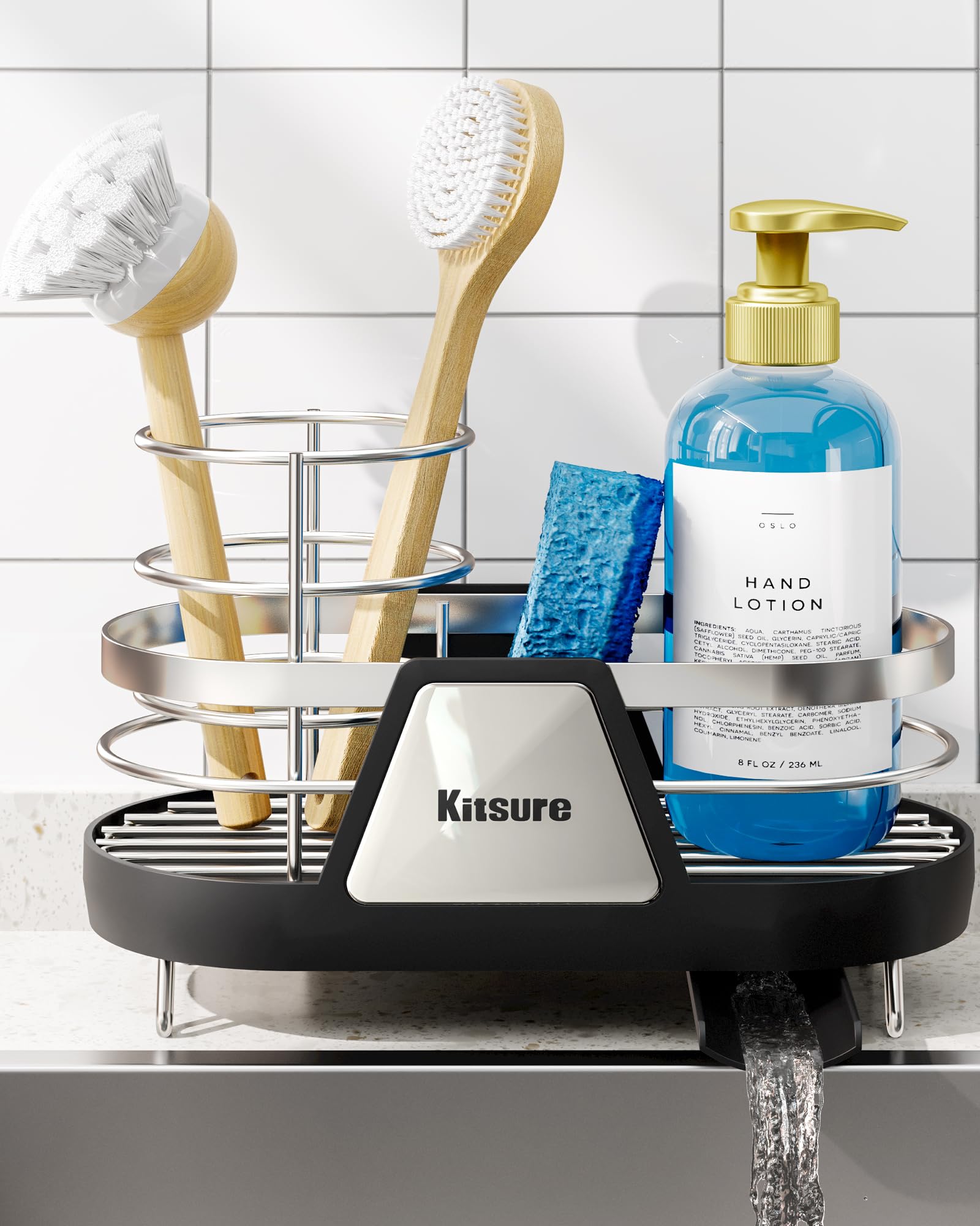 Kitsure Sponge Holder for Kitchen Sink - Space-Saving Kitchen Sink Caddy Rustproof Metal Organizer with Removable Brush Holder