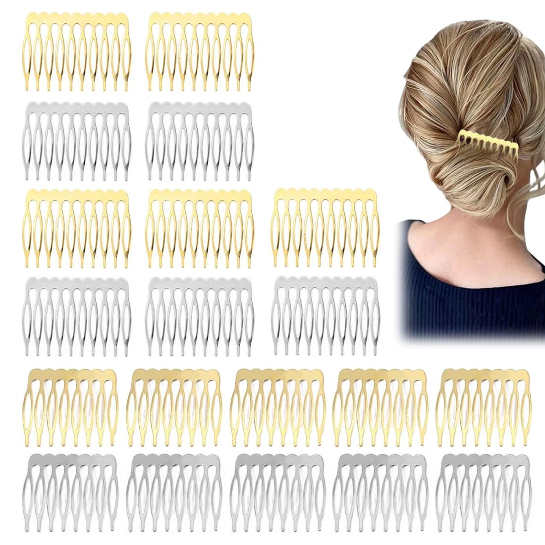 20 Pezzi Pettini Laterali in Metallo 10 & 8 Denti, pettinini per Velo, Lato per Capelli per Capelli da Donna Francese con Denti per Accessori per Capelli con Clip per Chignon Argentato & Oro
