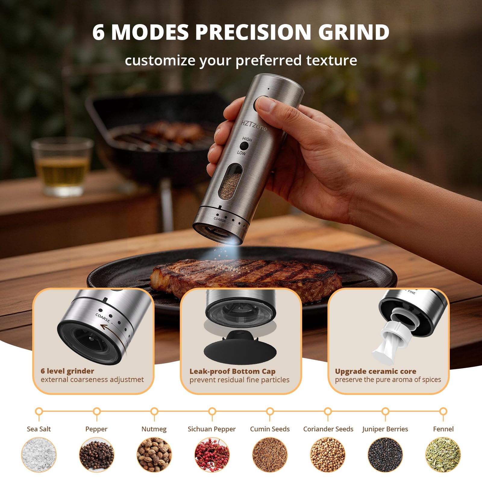 Moulin à Poivre Électrique Set, Moulins Sel et Poivre Rechargeables avec Socle, 6 Niveaux de Céramique Mouture, grande 110ml capacité, Réglage 2 Vitesses et Lumière LED pour Cuisine et Barbecues