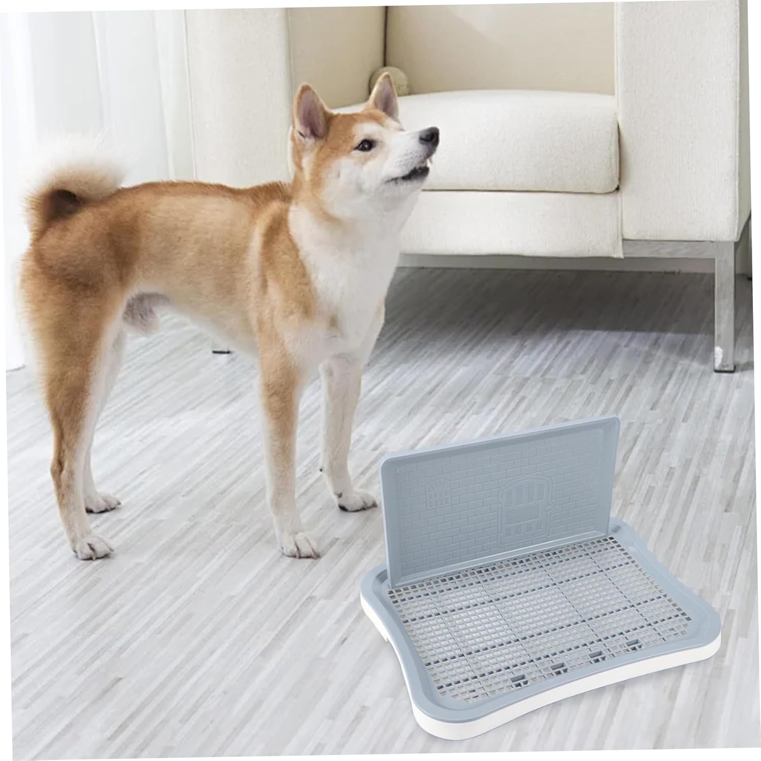 Dog Litter Box with High Wall & Column Large Capacity PP Dog Toilet with Training Instruction for Indoor Small Puppy, White