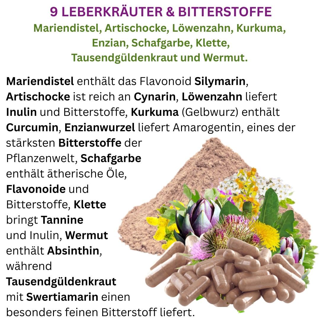 Leber Fit 9 LEBERKRÄUTER & BITTERSTOFFE 360 (3x120) Leberkapseln mit Mariendistel Artischocke Löwenzahn Kurkuma Enzian… traditionell für LEBER & GALLE. 100% Natur. OHNE ZUSATZSTOFFE 26459-3
