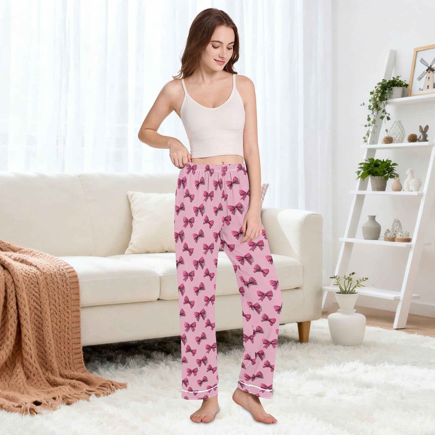 Pink Bows Pajama Pants Women Lounge Pants for Women Pj Bottoms with Pocket S-XXL