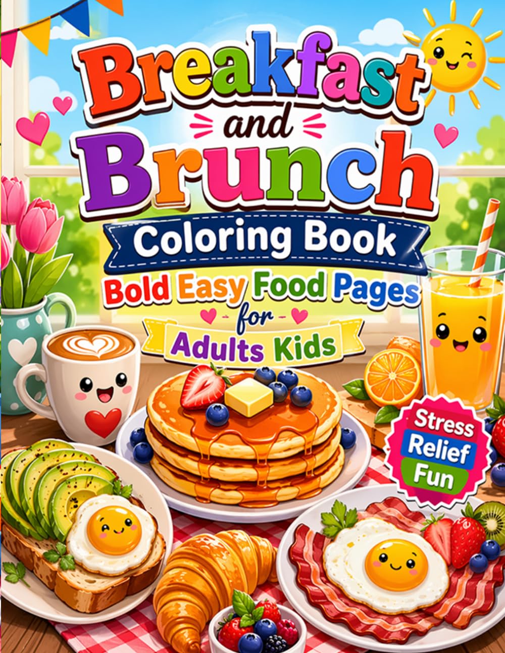 Breakfast and Brunch Coloring Book Bold Easy Food Pages for Adults Kids Stress Relief Fun