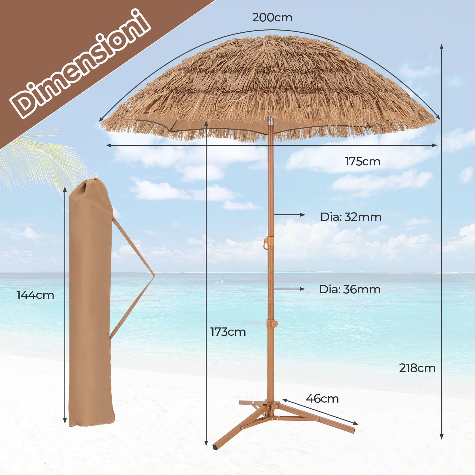 RELAX4LIFE Ombrellone da Spiaggia 200 cm con Base, Parasole Hawaiano in Paglia, Palo Reclinabile, Borsa per il Trasporto, Ideale per Spiaggio, Giardino e Balcone (Naturale)