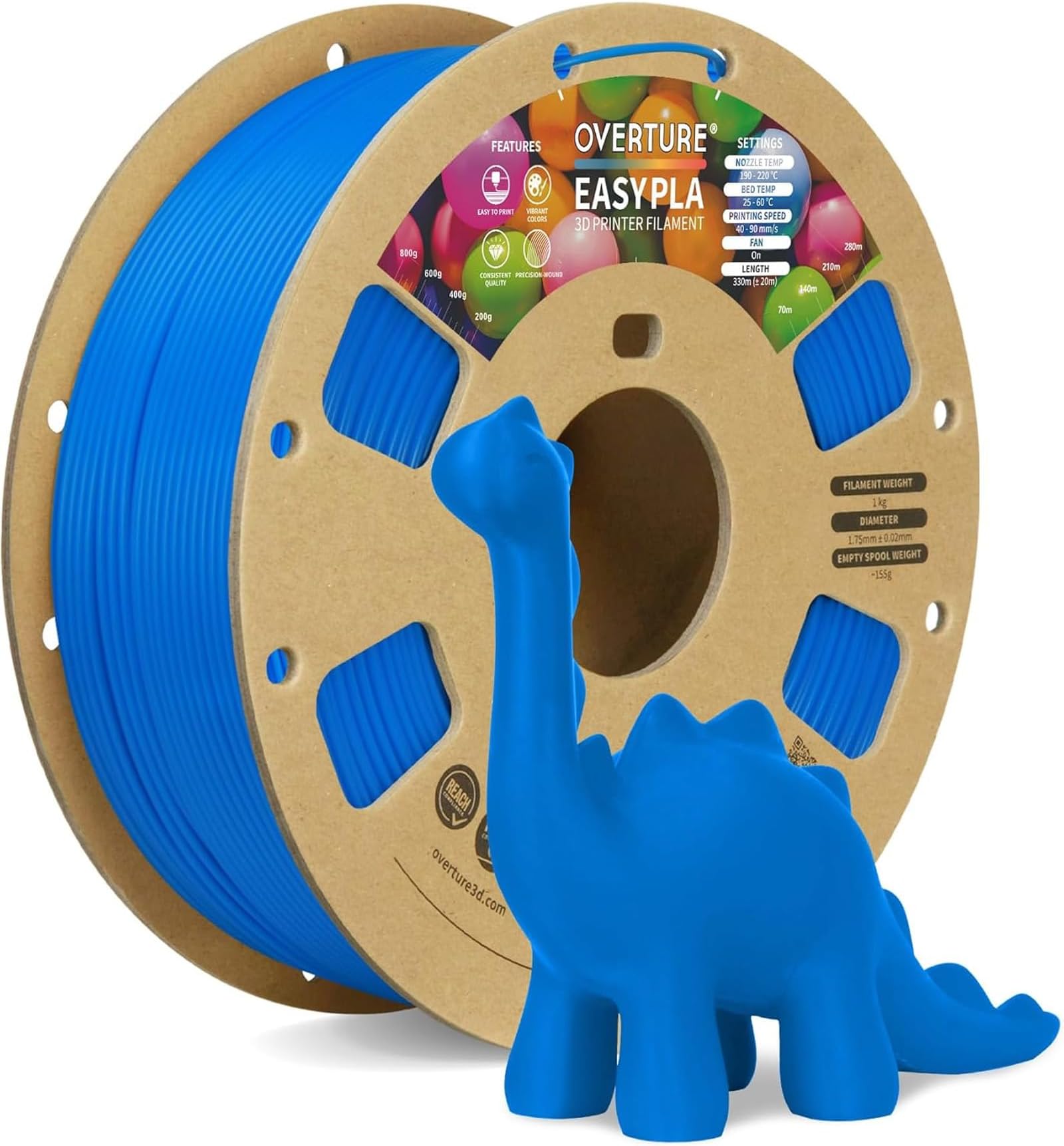 OVERTURE Easy PLA 1.75mm 3D Printer Filament, 1kg PLA Cardboard Spool (2.2lbs), Dimensional Accuracy +/- 0.02mm, Fit Most FDM Printer (Easy Digital Blue)