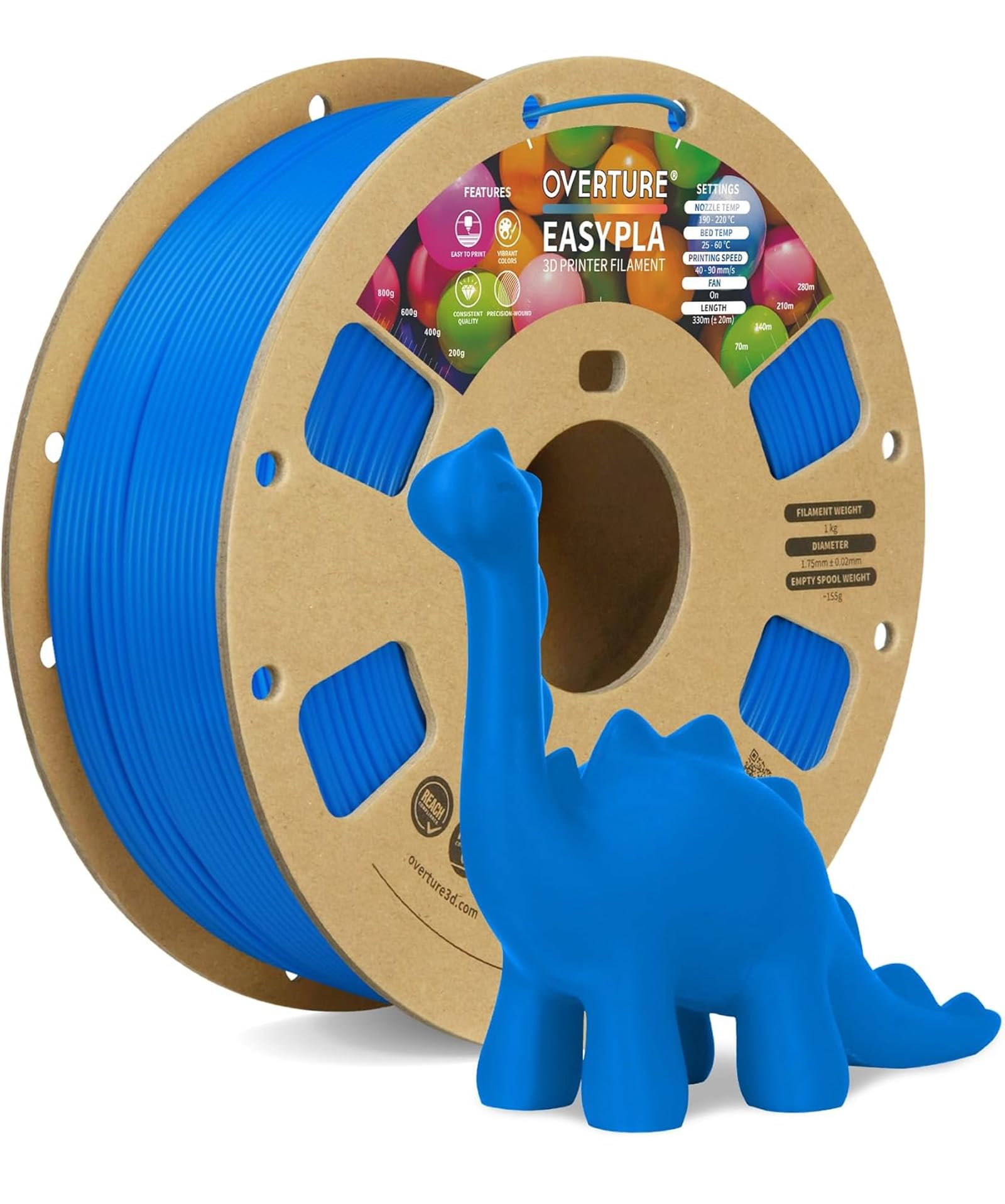 OVERTURE Easy PLA 1.75mm 3D Printer Filament, 1kg Cardboard Spool (2.2lbs), Dimensional Accuracy +/- 0.03mm, Fit Most FDM Printer (Easy Blue)