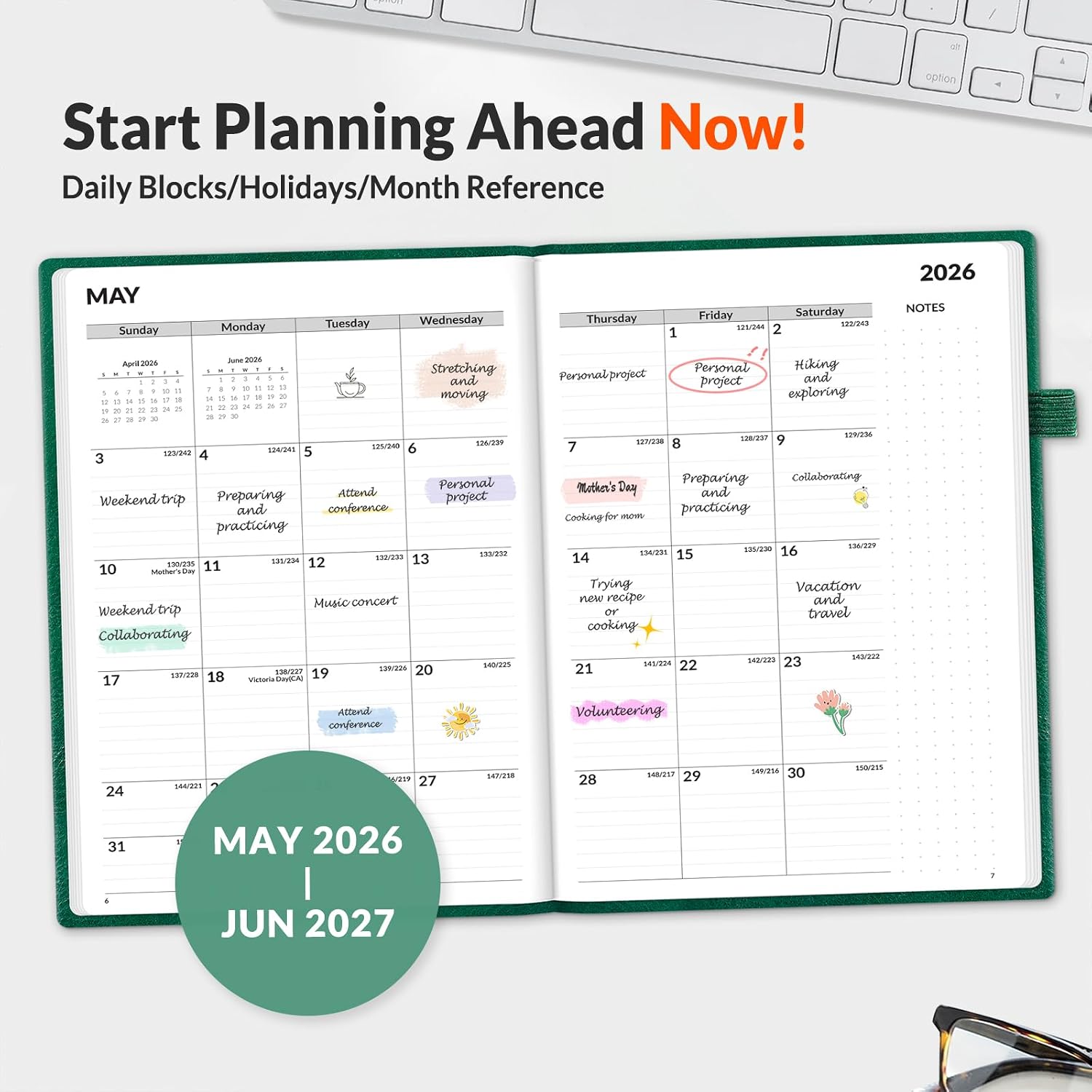 SUNEE 2026-2027 Weekly & Monthly Hardcover Planner 5.5" x 8.3" - 12 Month (July 2026 - June 2027), Small Academic Year Calendar Planner, Pocket, Notes, 100 GSM Paper, Deep Green image 2