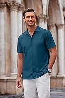 Vista 23 de COOFANDY Camisa casual con botones para hombre, manga corta, sin arrugas, camisa de verano