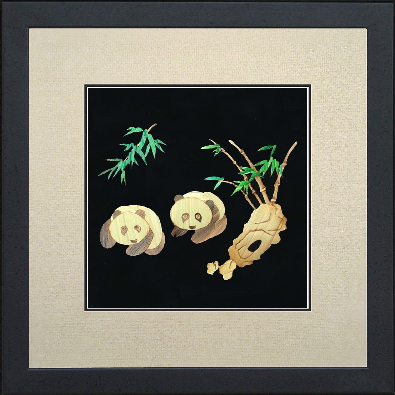 AAArt Handcrafted Wall Decor Painting Framed 12X12 inch,Two Pandas Under Bamboo Wheat Straw Pactchwork Wall Art for Hotel Office Home Decor,Feng Shui Natural Material Decorative Gift