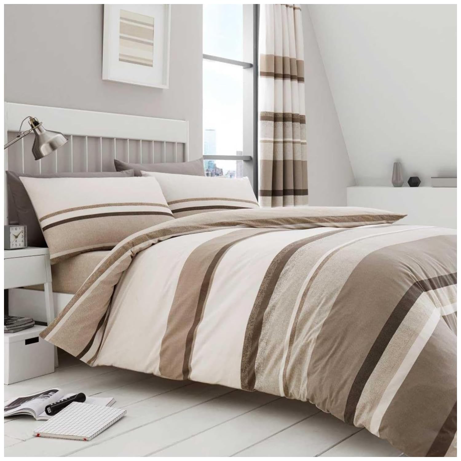 GC GAVENO CAVAILIA Breathable Striped Single Bed Beddings, Hypoallergenic Stripe Single Duvet Cover Set With Matching Pillowcases, Natural