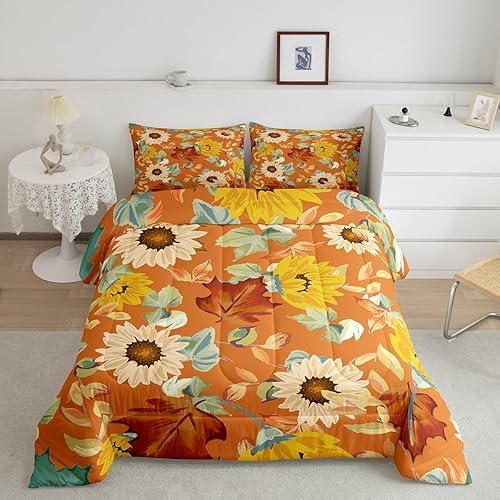 Erosebridal Juego de ropa de cama de otoño, tamaño Queen, color beige, girasol, amarillo, verde, marrón, naranja, juego de edredón de flores de