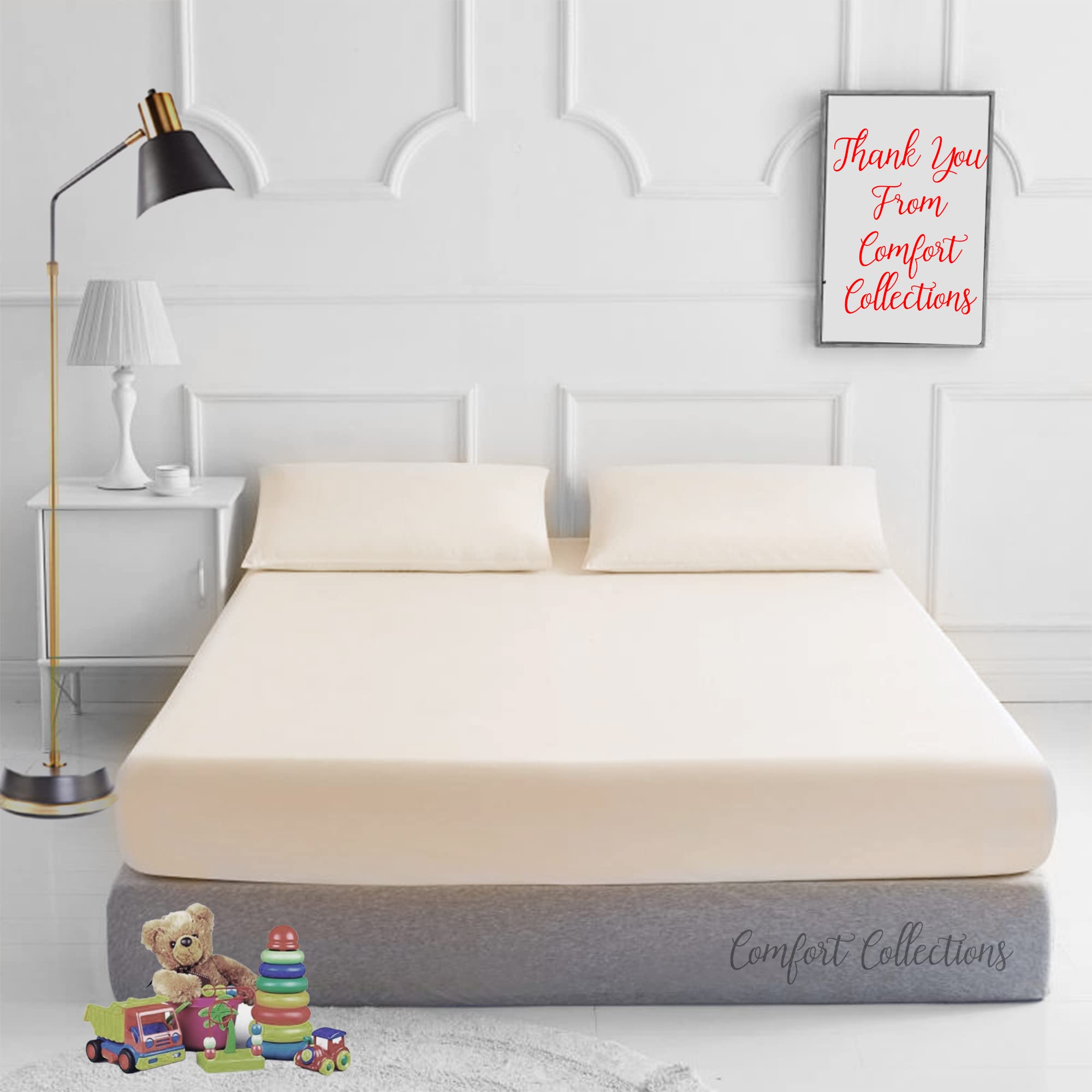Comfort Collections Plain Dyed Easy Care Poly Cotton Flat and Fitted Sheet Set with Pillow Case Bedding Set (Cream, Superking)