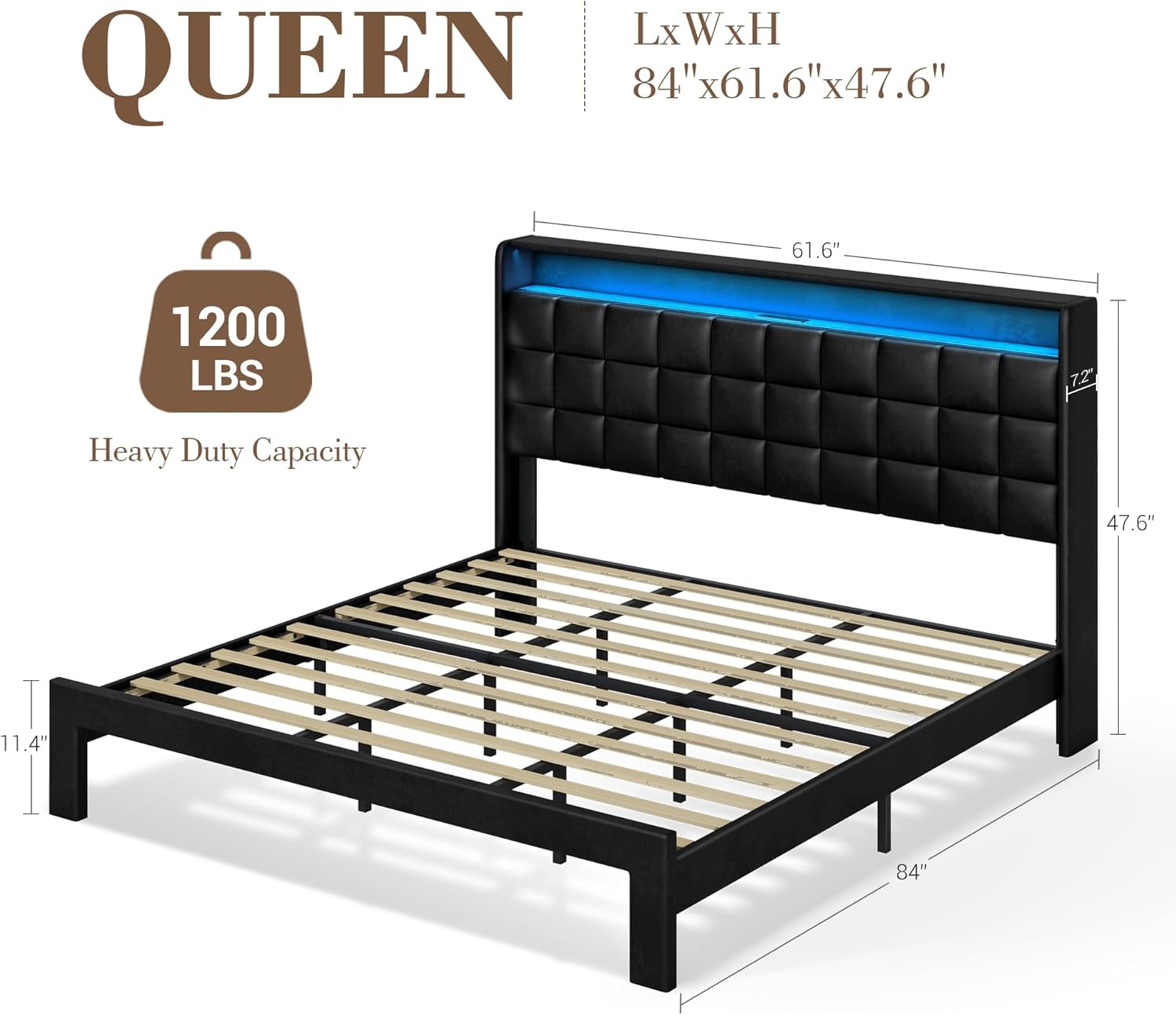 Queen Bed Frame, Leather Upholstered Headboard with LED Lights and Charging Station, Heavy Duty Wood Slats No Box Spring Needed - Easy Assembly and Noise Free - Image 2