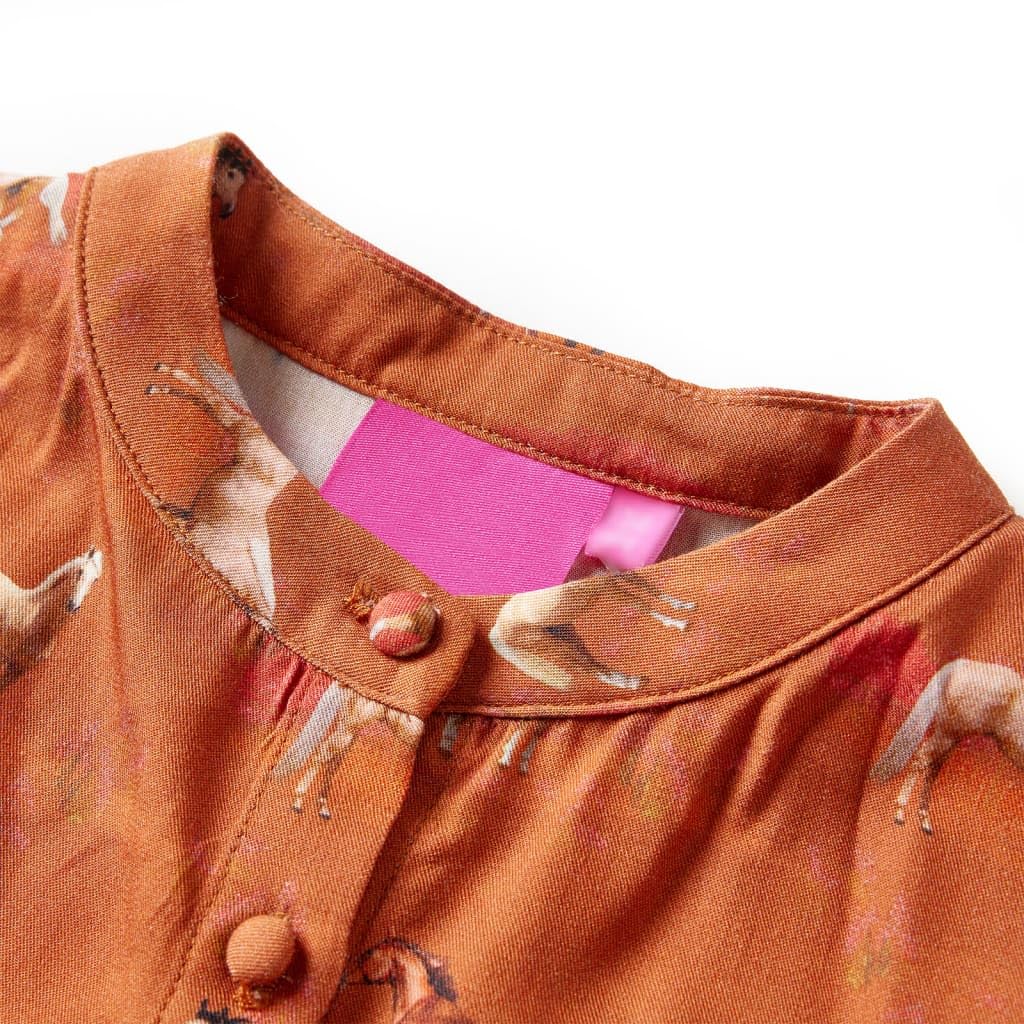 Vestido infantil para niña, manga larga, 100% lyocell en coñac, con estampado de caballo, cuello alto, cierre de botones, talla 140, para uso diario, escuela, festivo, cumpleaños, fiesta