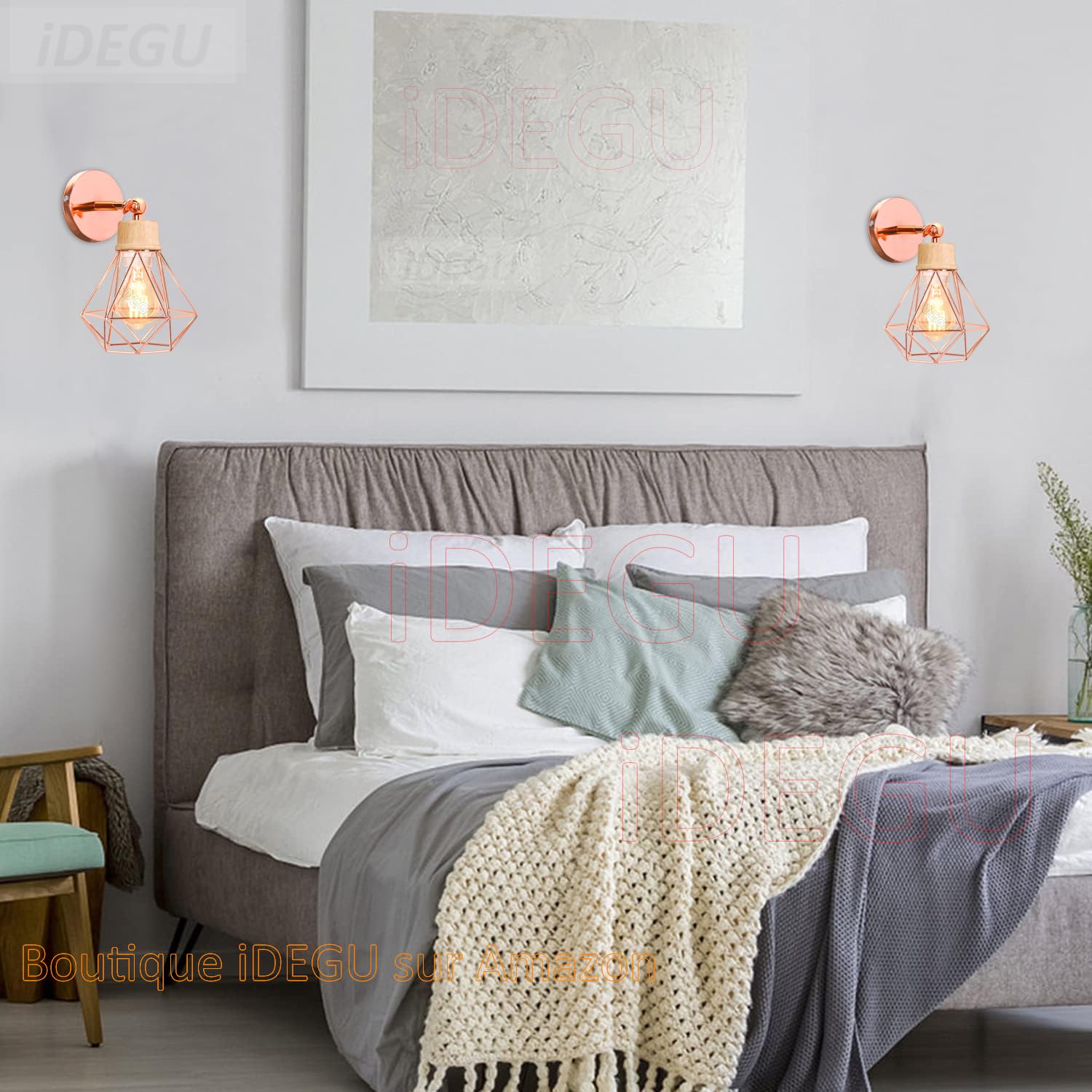 iDEGU Lot de 2 Appliques Murales Interieures Industrielle 16cm Luminaire Plafonnier en Bois et Métal Design Cage Réglable Lampe Murale Vintage E27 Éclairage Mural pour Salon Cuisine Chambre (Or Rose)