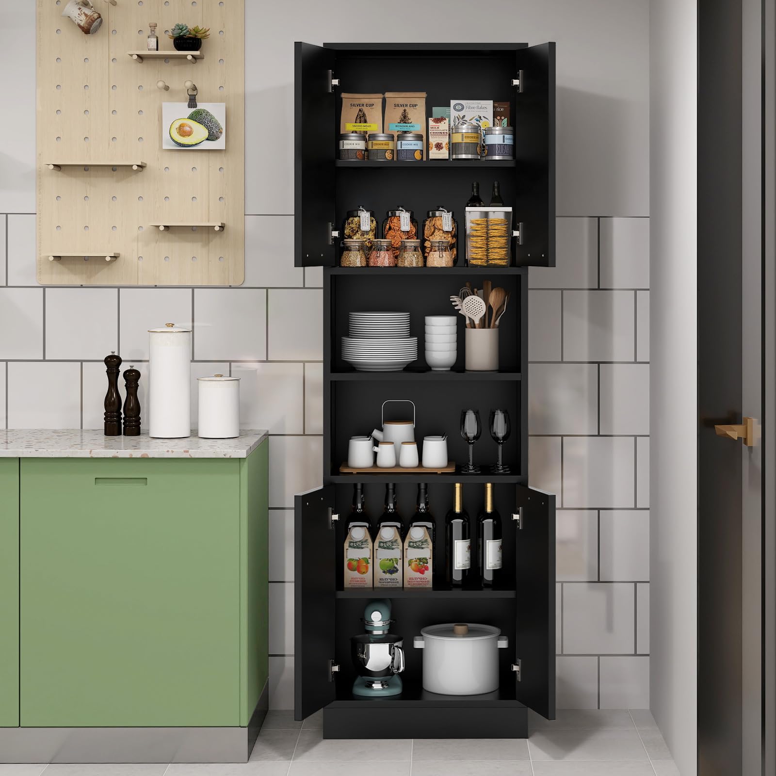 LIFEZEAL Mobile Bagno, Mobiletto Bagno Salvaspazio in Legno, 30x56x190cm, Armadietto Alto con 2 Ripiani Aperti e 4 Ante, Credenza Multiuso da Cucina e Soggiorno, Mobile Dispensa (nero)
