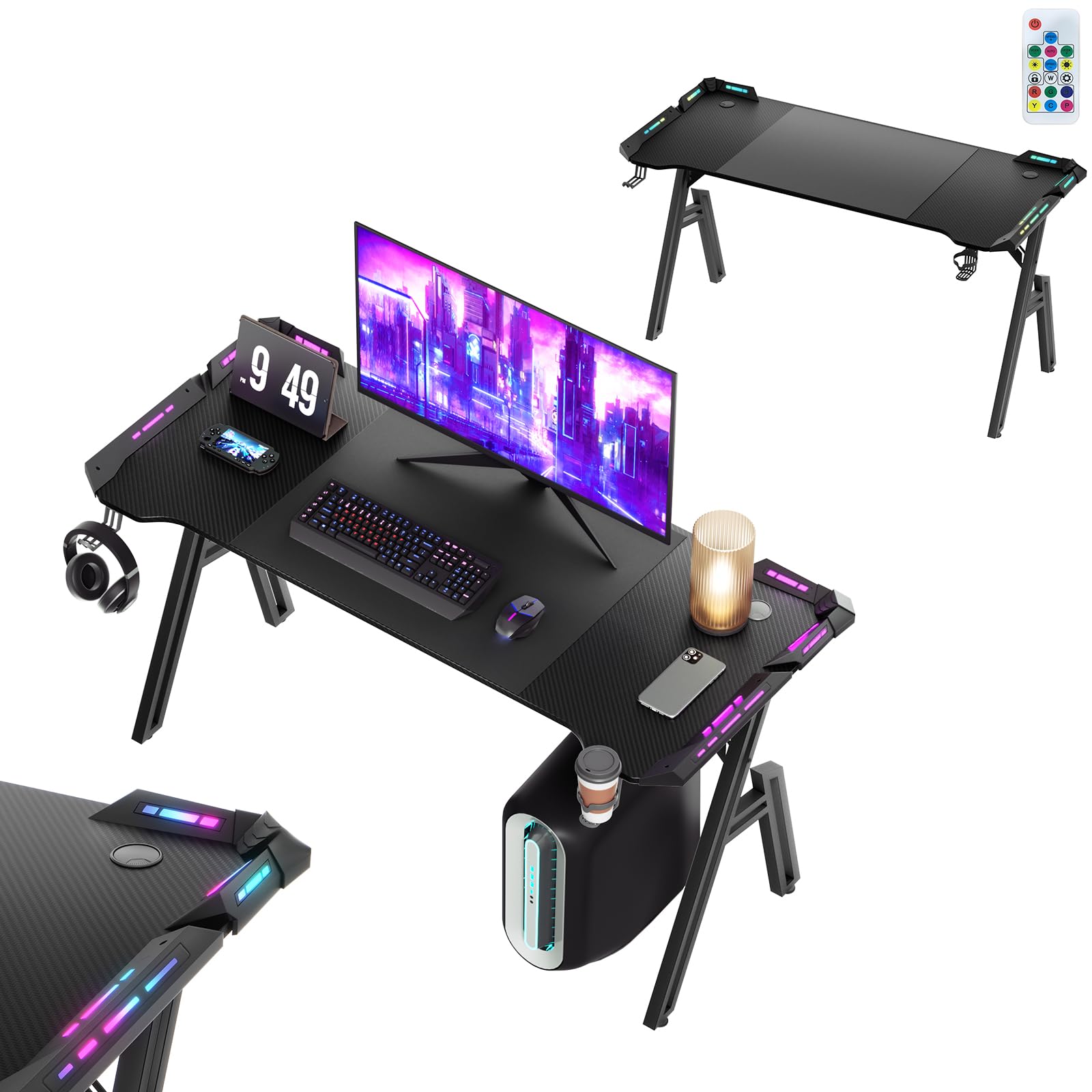 UISEBRT Bureau de gaming 140 x 60 cm, surface en fibre de carbone, en forme de A, avec lumière LED RVB, bureau d'angle ergonomique avec crochet pour casque et porte-gobelet
