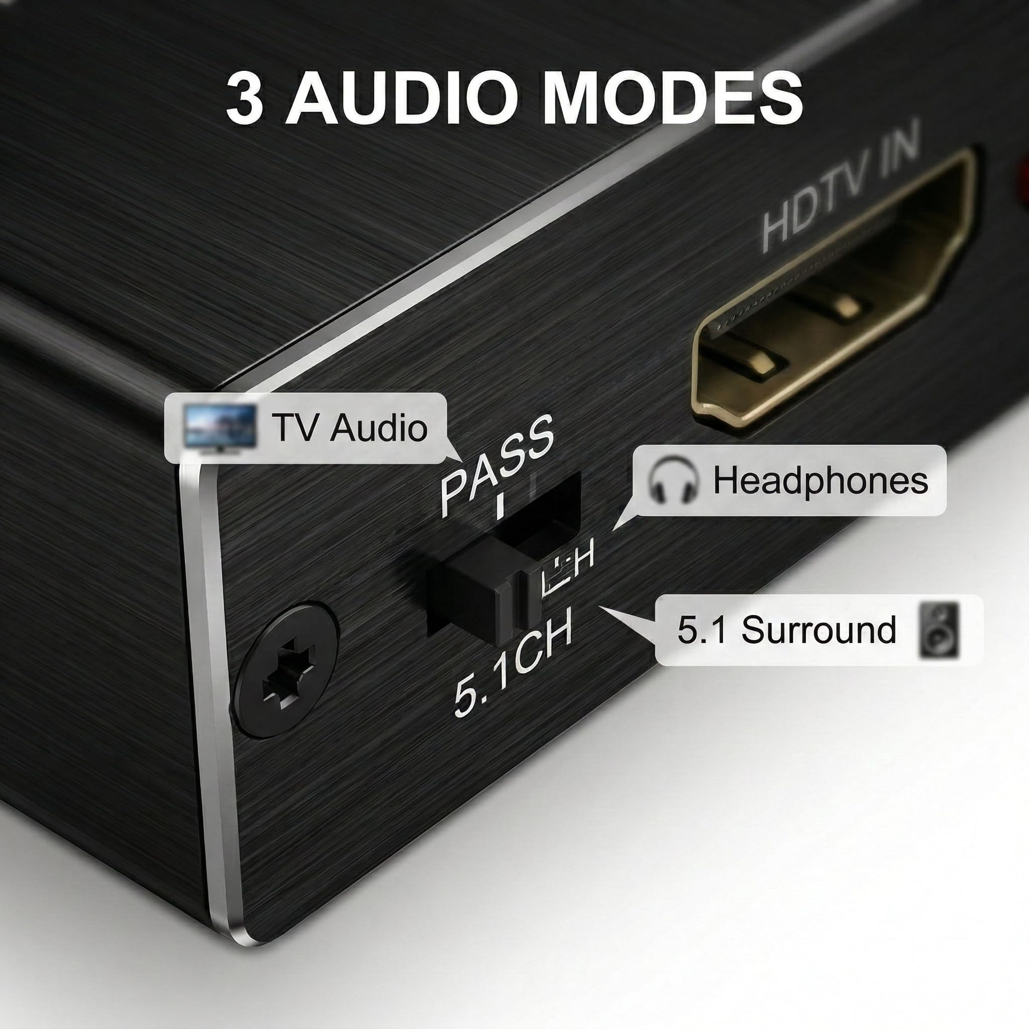 Extracteur Audio HDMI 4K Convertisseur vers Optique Spdif Toslink + Jack 3.5mm Stéréo, Adaptateur Splitter Audio Vidéo Séparateur de Son (3 Modes: Pass/2CH/5.1CH) pour PS5/PS4/Fire TV/Ampli
