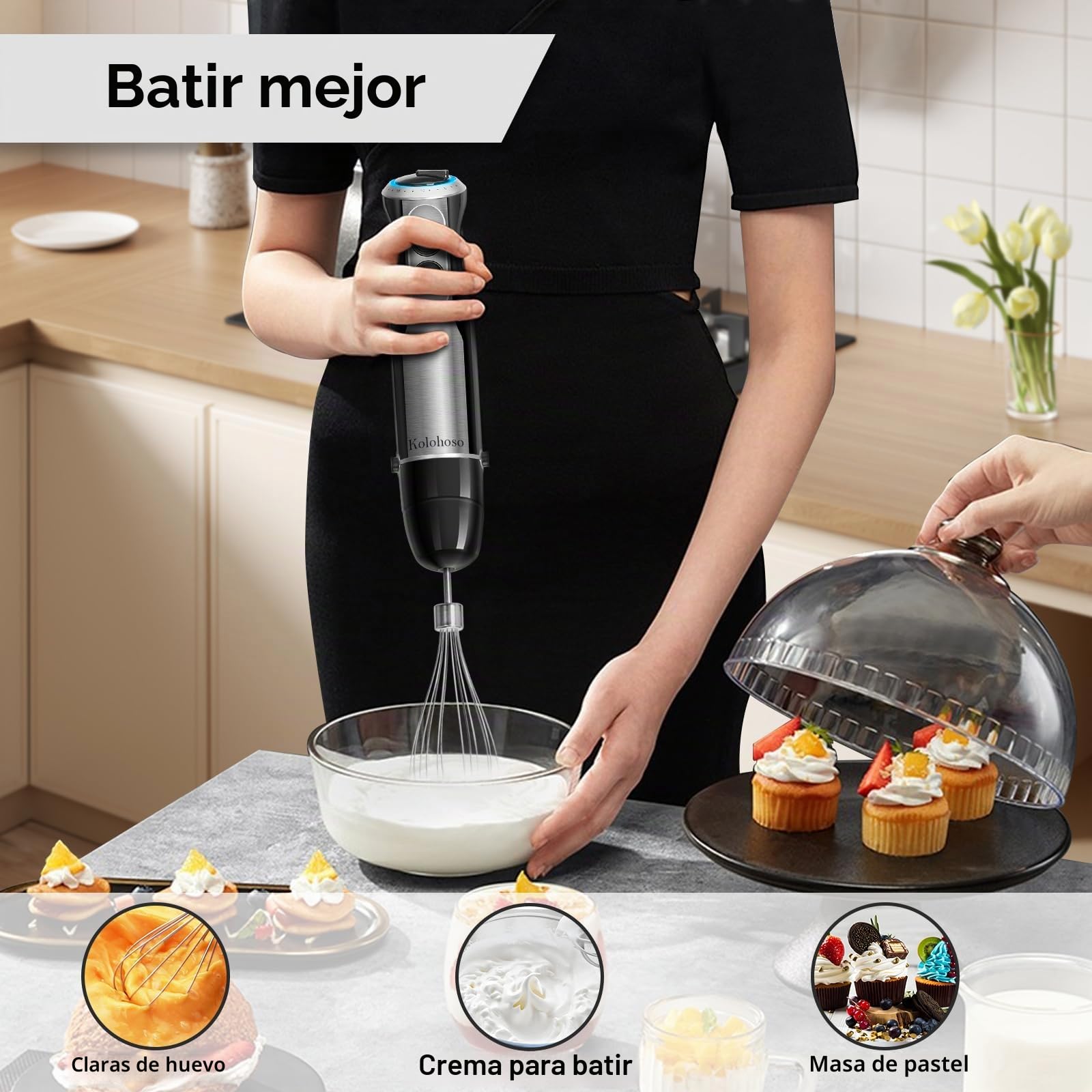 1500W Batidora de Mano, 4 in 1 Minipimer con 20 Velocidades y TRUBO botón | Batidora Picadora, 4 Hojas de Acero Inoxidable incluye 600ml Vaso Medidor, Batidor de Huevos, 500ml Picadora
