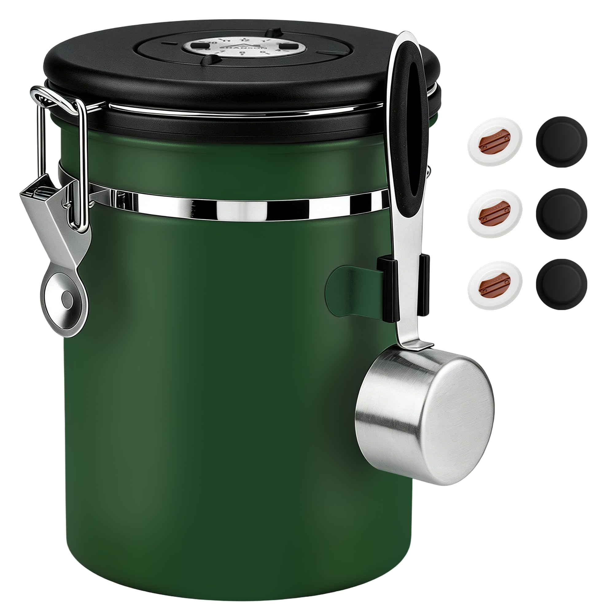 ShanSon Coffee Canister Airtight, Stainless Steel Bean Storage Container with Date Tracker &amp; Scoop, Grounds Sugar Flour Tea Cereal Fits Kitchen Pantry, Ideal Gift for Coffee Lovers,22oz, Dark Green