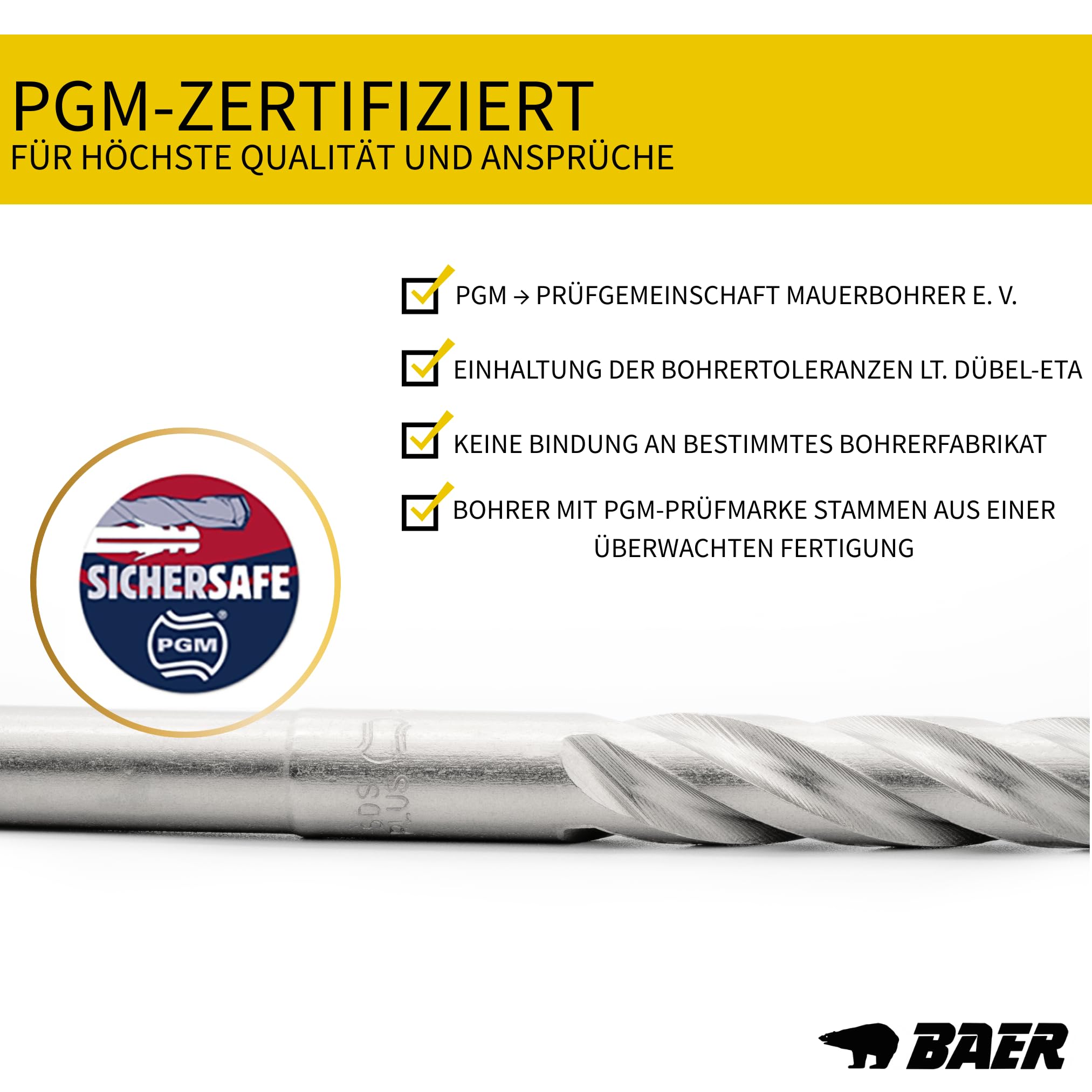 BAER Steinbohrer Set SDS-Plus (7 tlg.) 5-12mm - Hammerbohrer Set - Betonbohrerset - Betonbohrer lang - PGM-zertifizierte Bohrer - Granitbohrer