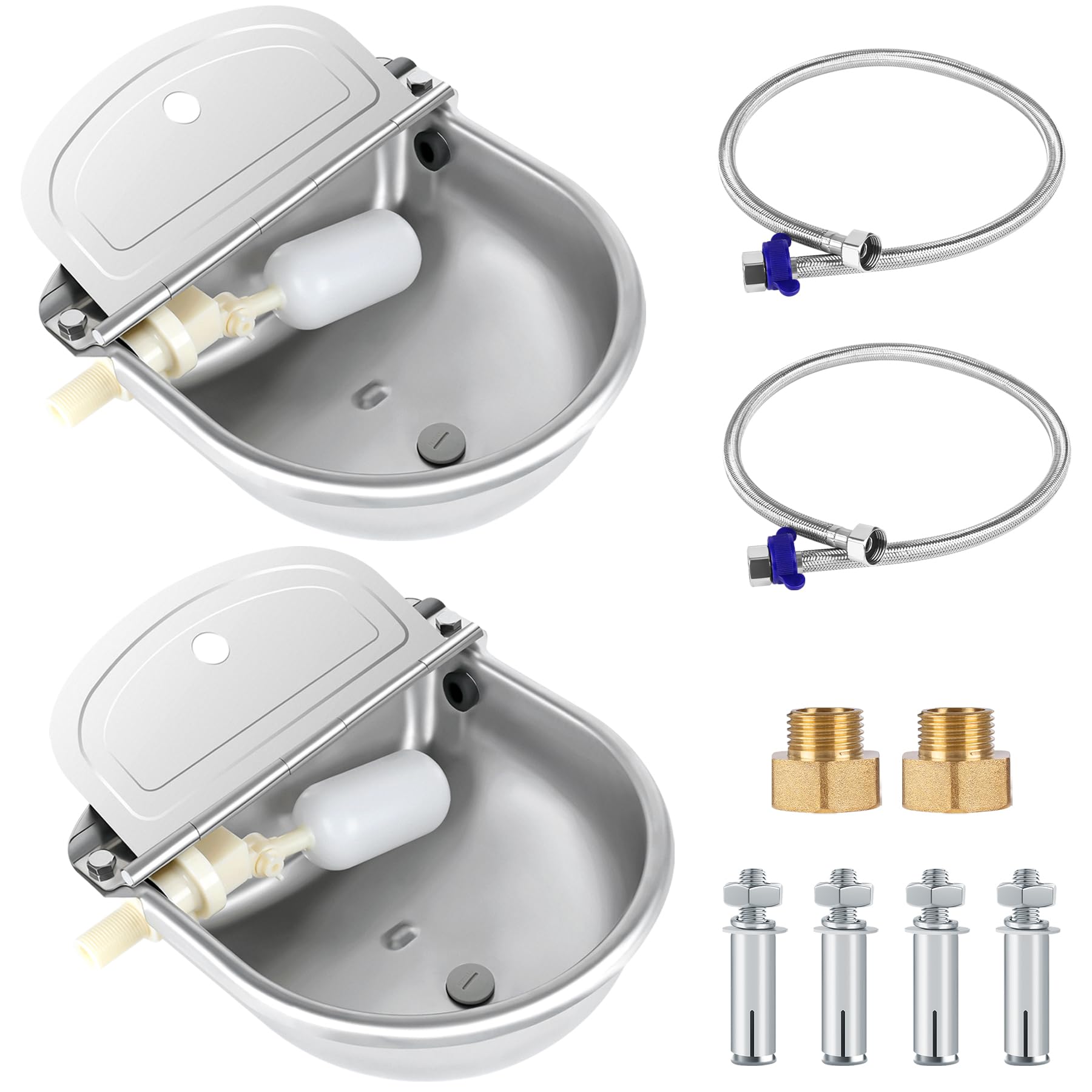 ToLanbbt 2 cuencos automáticos de agua para caballos con válvula flotante, alimentador de agua para cabras de acero inoxidable, para ganado, llenado automático, cuenco de agua para perros con manguera
