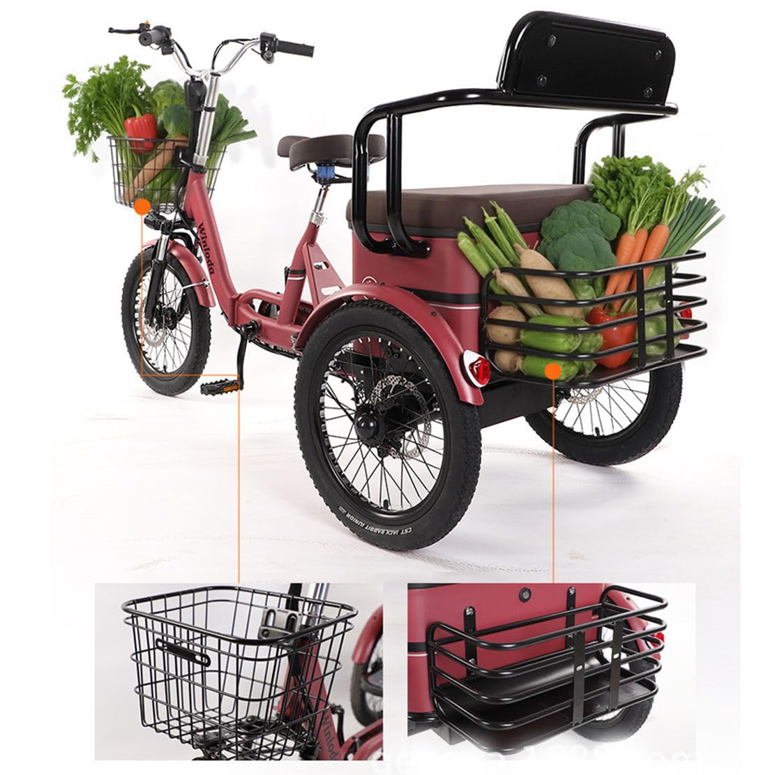 Triciclo Elettrico a Due Posti per Adulti, Ebike a 3 Ruote con Sedile Passeggero, 7 velocità, Pneumatici Larghi da 18" X 4,0", Cestini Anteriori E Posteriori, Doppi Freni a Disco Green