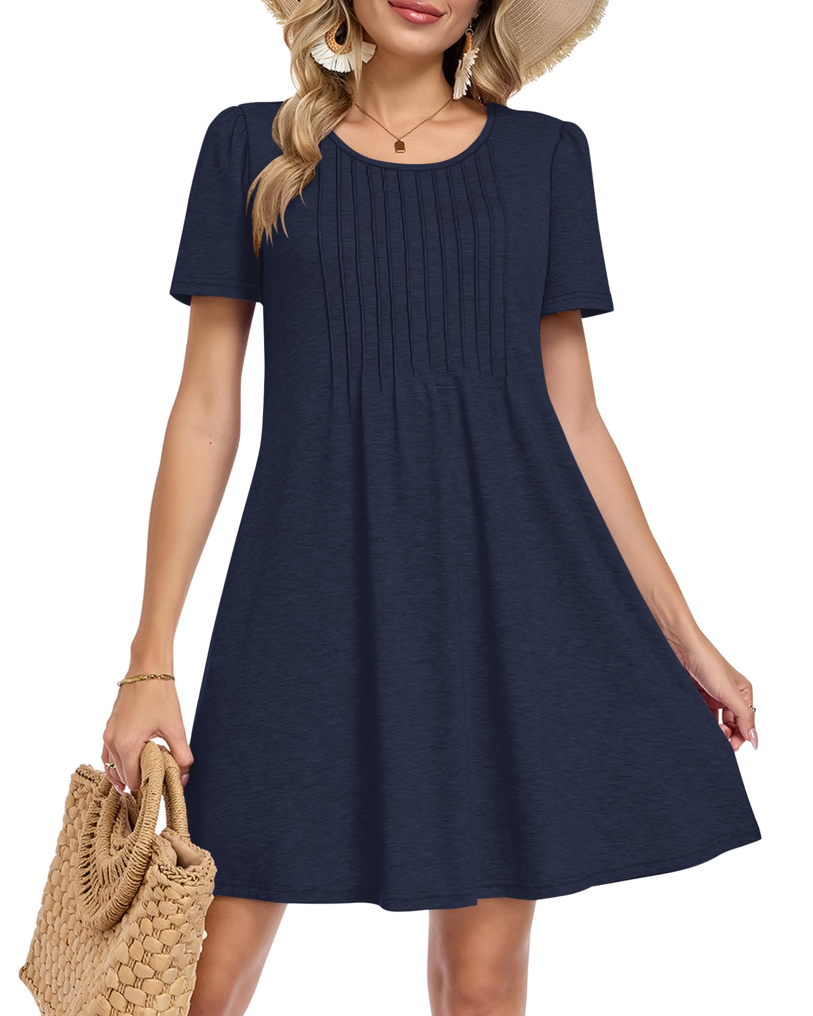 MOLERANI Summer Dresses for Women UK - Round Neck Short Sleeve Midi Dress Ladies Casual Dress with Pockets Navy Blue 2XL