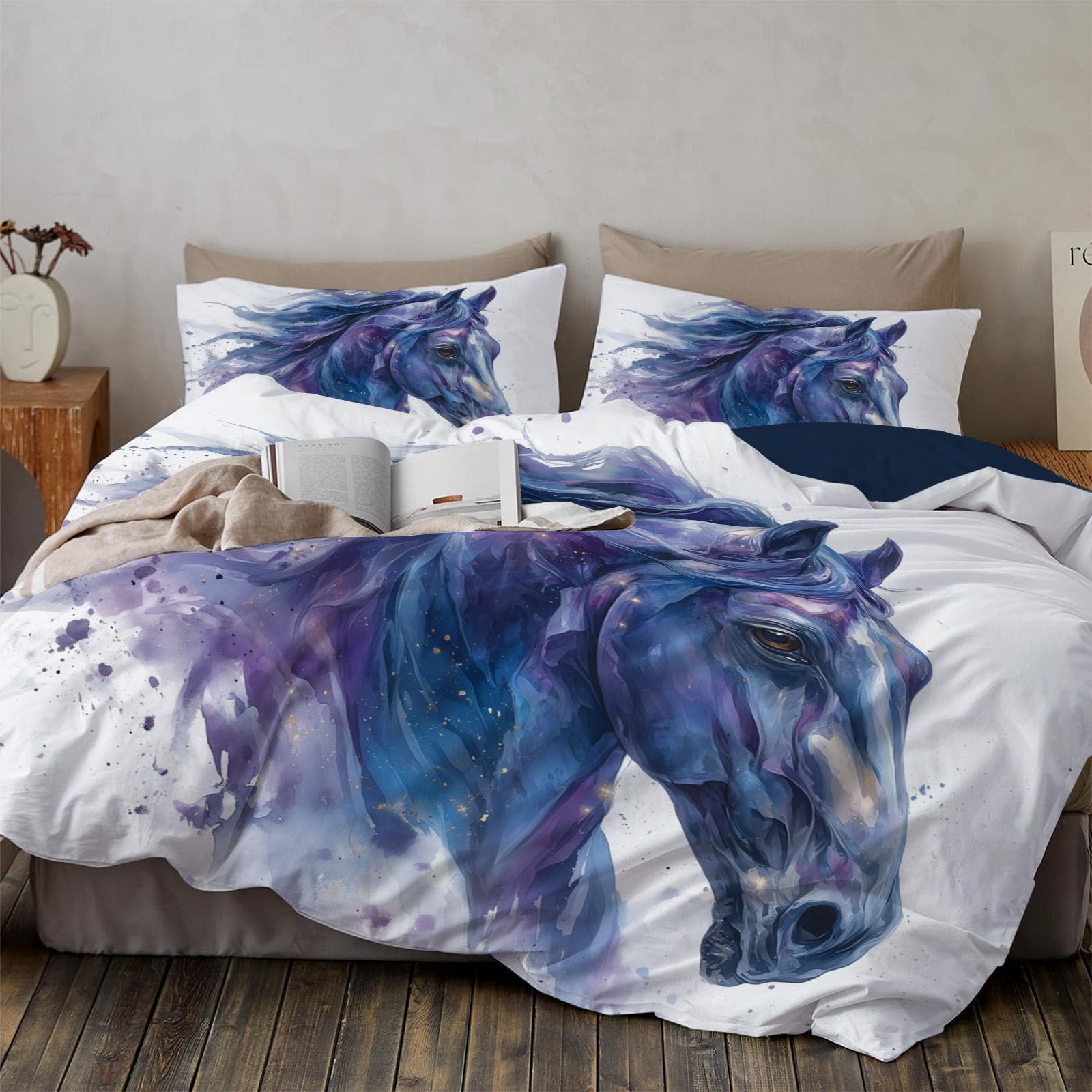 Housse de couette cheval anti-rides parure de lit aquarelle 240x260cm zippée entretien facile