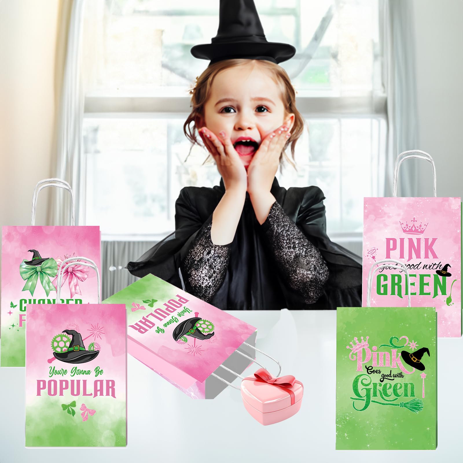 12 Bolsas De Dulces Tema Bruja Verde Y Rosa - Decoración Para Fiestas De Cumpleaños Y Halloween